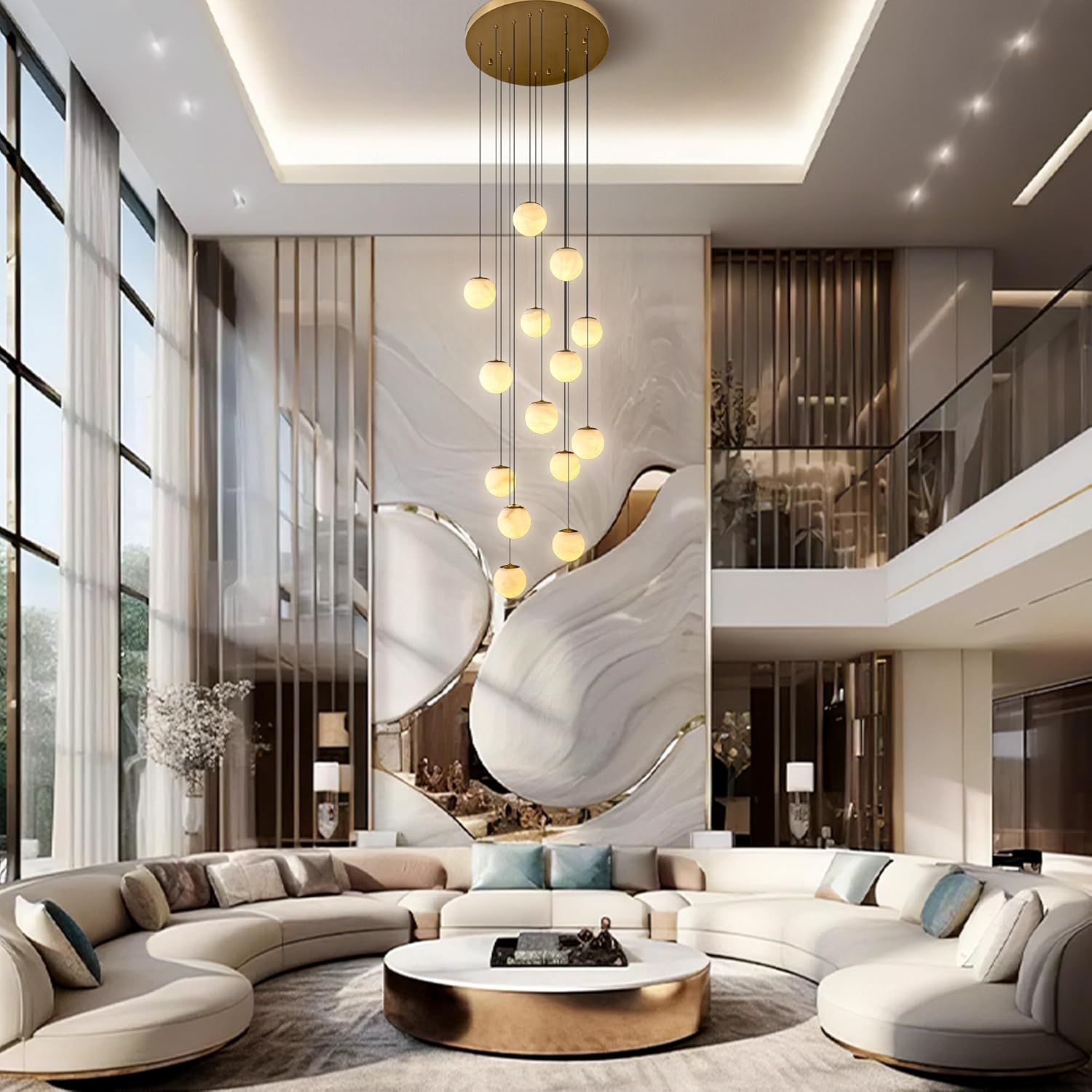 Gold Alabaster Chandelier,14-Lights Staircase Chandelier for Living Room, Modern Marble Pendant Light for Hight Ceiling Foyer Entry
