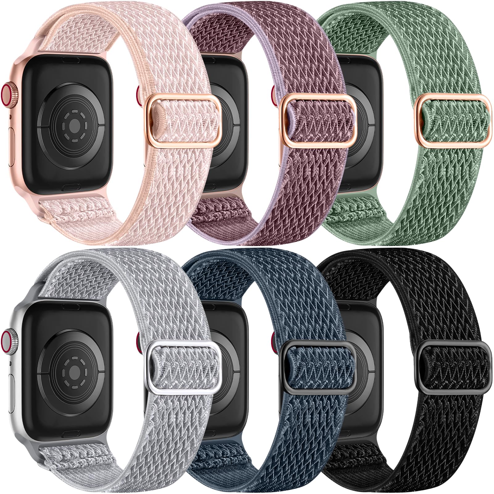 Lerobo 6 Pack Braided Bands Compatible with Apple Watch 44mm 45mm 42mm 49mm 46mm 41mm 40mm 38mm Women Men Stretchy Nylon Solo Loop Sport Strap for