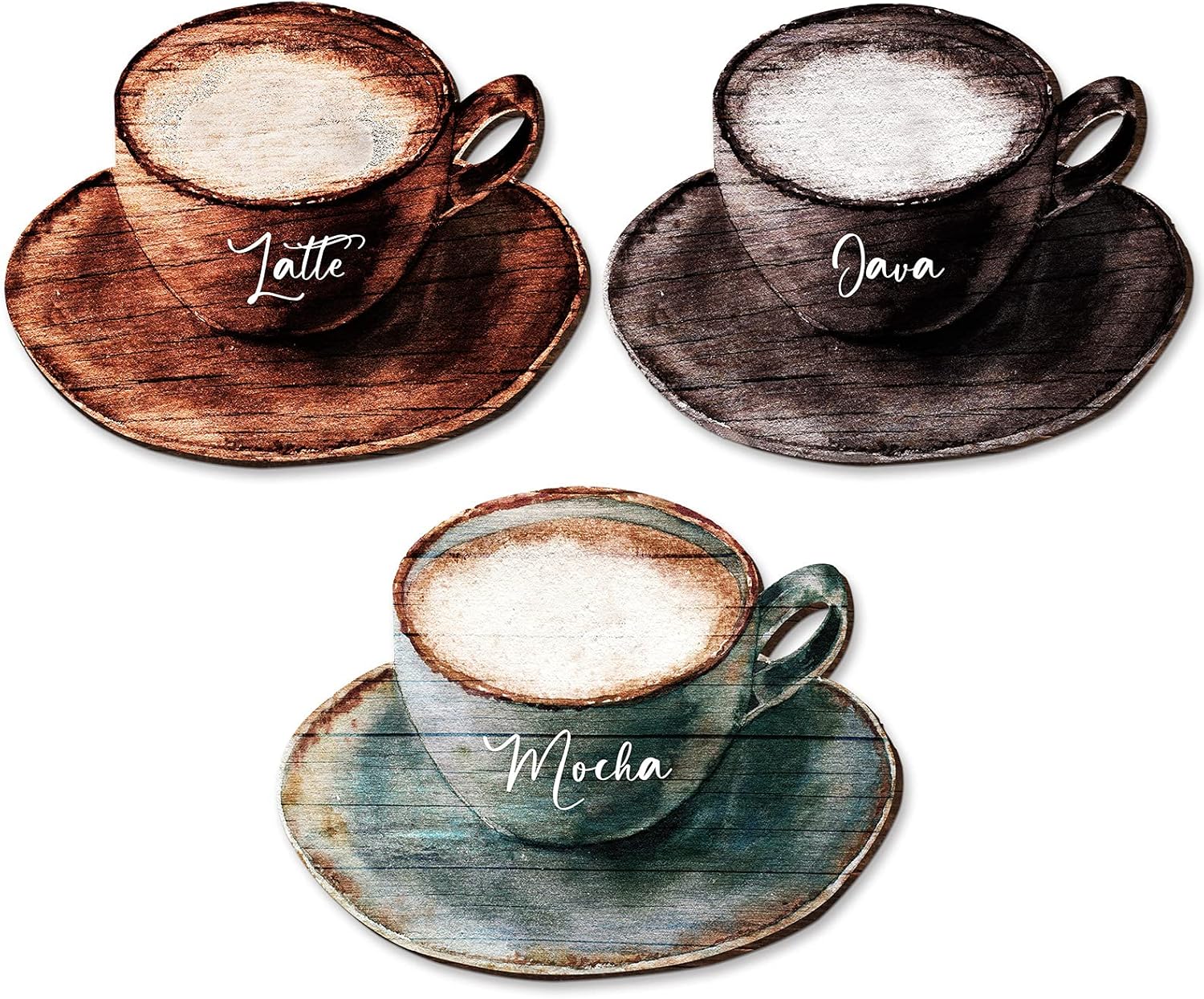 Blulu 3 Pcs Coffee Wooden Wall Art Decor with Metal Hook Coffee Cup Wooden Wall Sign Retro Latte Mocha Sign Farmhouse Decoration for Kitchen Dessert Shop Home Door