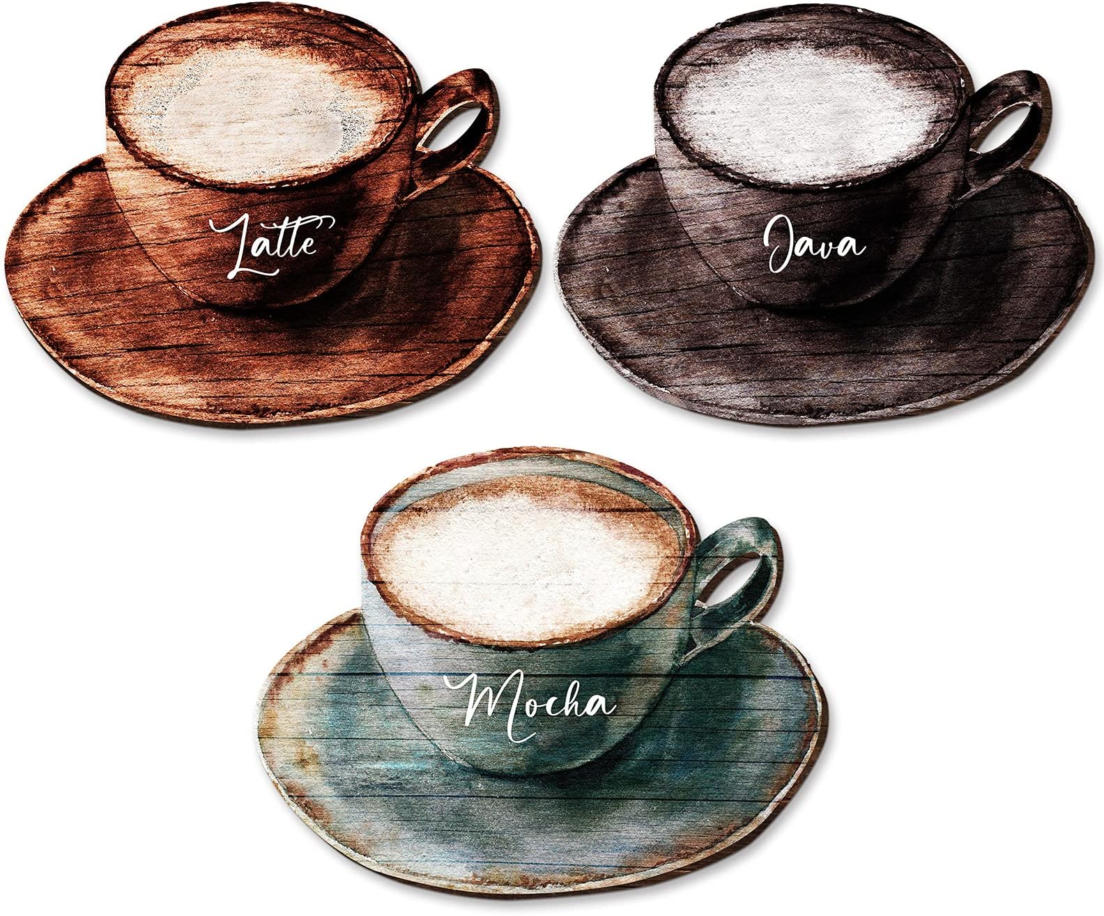 Blulu 3 Pcs Coffee Wooden Wall Art Decor with Metal Hook Coffee Cup Wooden Wall Sign Retro Latte Mocha Sign Farmhouse Decoration for Kitchen Dessert Shop Home Door