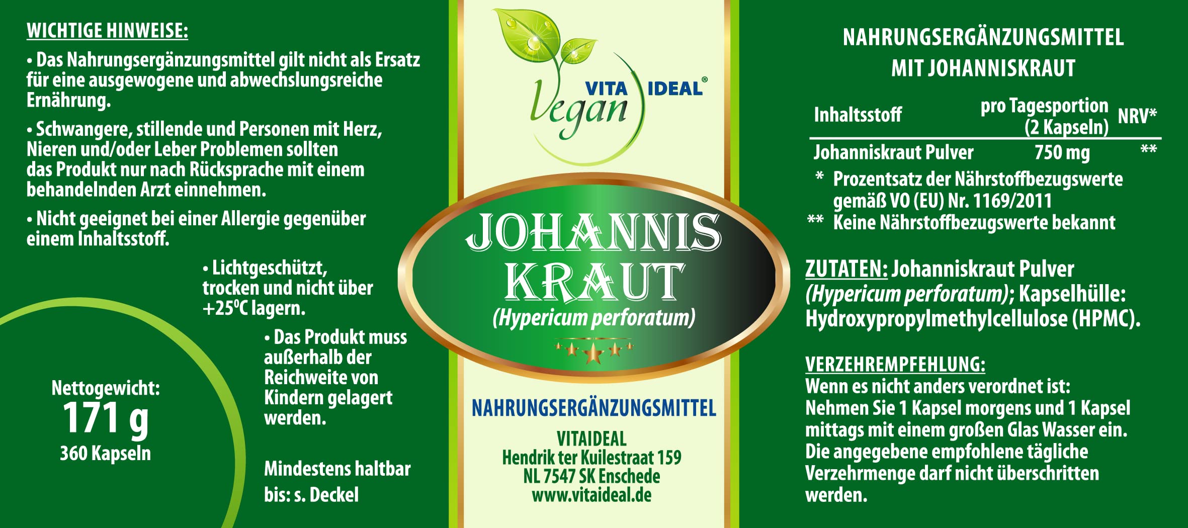 VITA IDEAL Vegan® JOHANNIS - Kraut 360 KAPSELN - Hypericum perforatum - Tagesportion 750mg JOHANNISKRAUT reines Pulver. Pflanzlich, natürlich & ohne Zusatzstoffe.