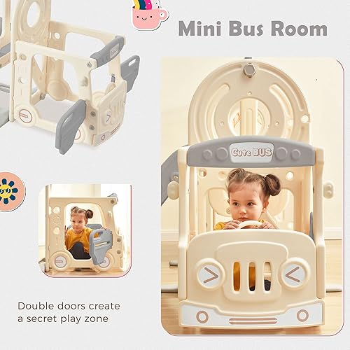 Miniatura 3 de Merax Tobogán 5 en 1 para niños con columpio juego de columpios para bebés de interior con aro de baloncesto casa de juegos para escalador y autobús