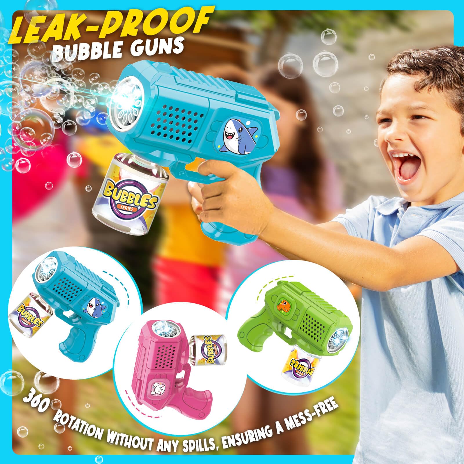 Pack de 3 pistolas de burbujas de jabón de animales para niños, máquina de burbujas eléctrica, regalos de cumpleaños para 3-8 años, para niños, bodas, exteriores, pompas de jabón