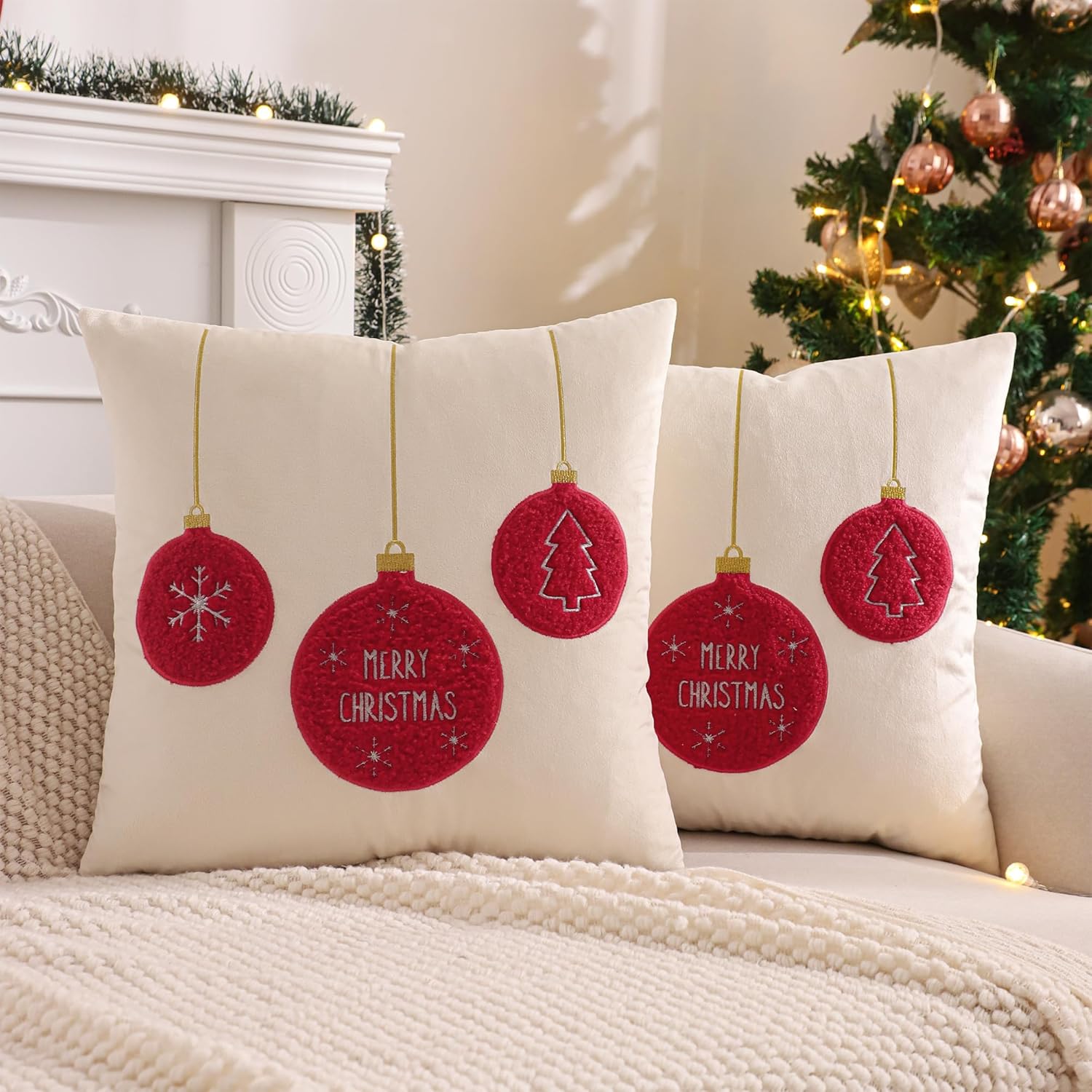 Christmas Throw Pillow Cover 18 x 18 inch Set of 2 Red Jingle Bells Velvet Pillow Case Merry Xmas Party Decor Pillowcase Winter Holiday Cushion Case