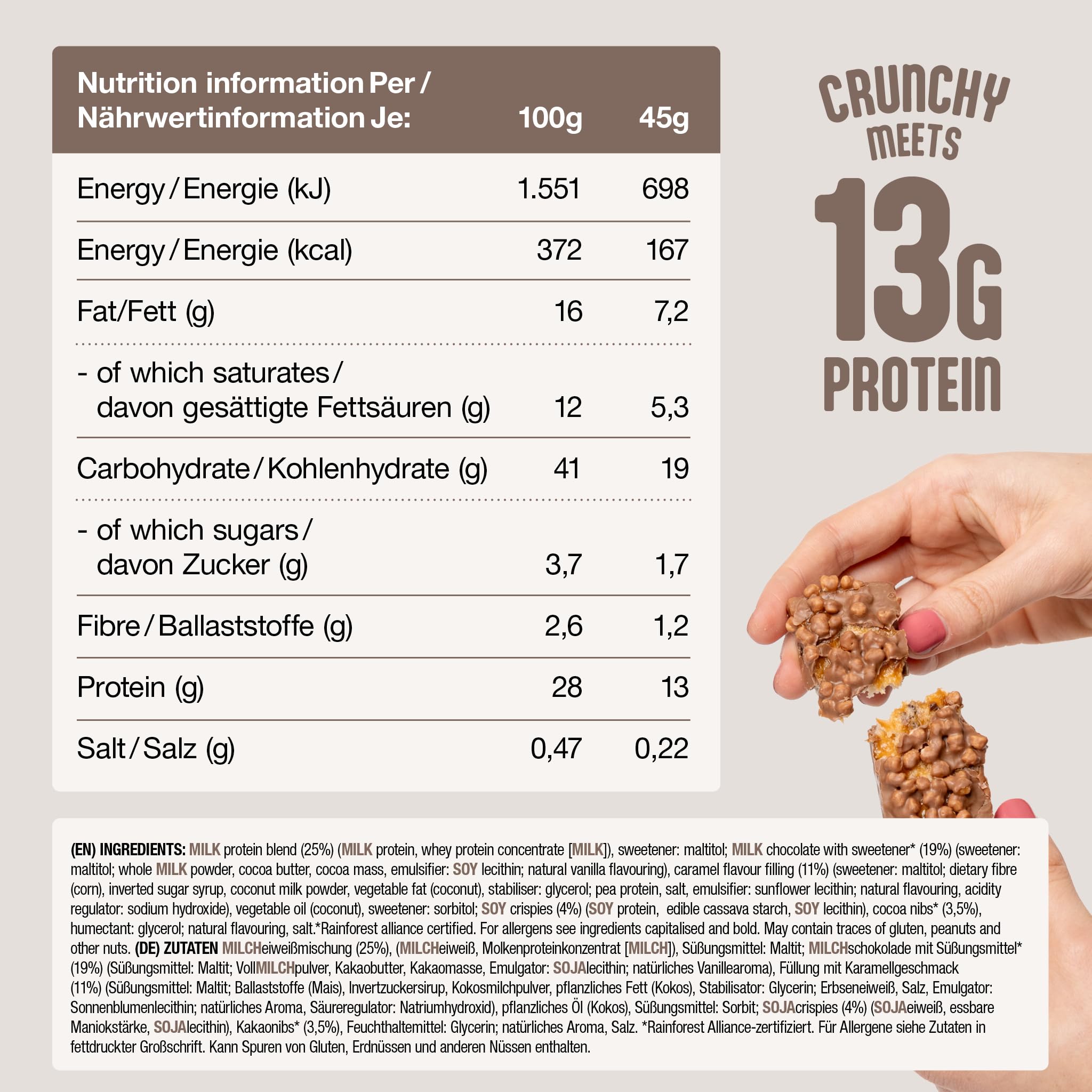 Nupo Proteinriegel Cookie Caramel Crunch | 13 g Protein pro Riegel | Wenig Zucker | Glutenfrei | 45 g x 12 Pack | Eiweißriegel