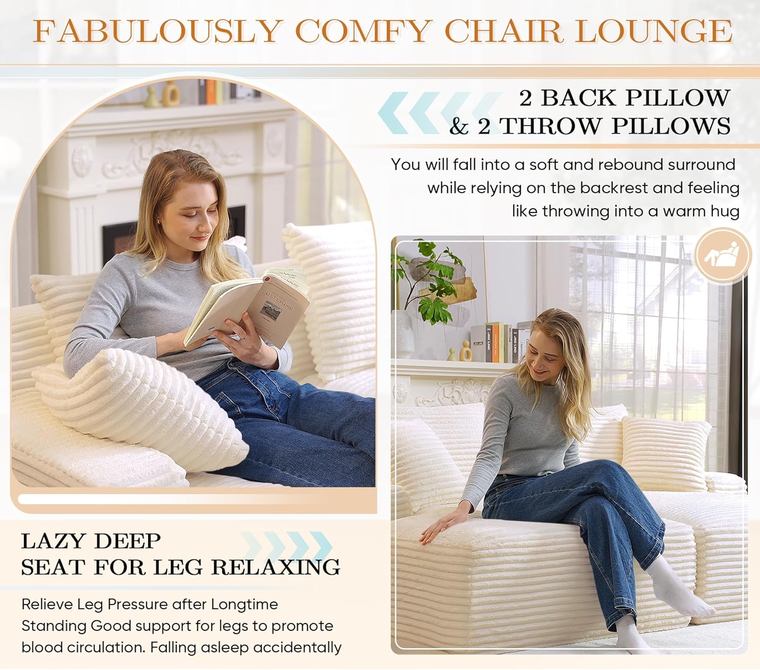 Oversized Chaise Lounge Chair Indoor, Modern 78-inch Upholstered Corduroy Love Seat Sofa Bed with 4 Throw Pillows and Armrests, Double Modular Sleeper Sofa Couch for Living Room Bedroom, Beige