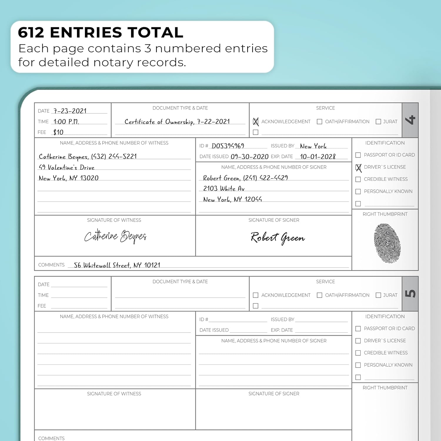 Clever Fox Notary Journal Log Book – Notary Public Journal of Notarial Acts – Supplies for Notaries – 612 Record Entries, Numbered Pages, Hardcover, 8.5x11″ (Dark Teal)