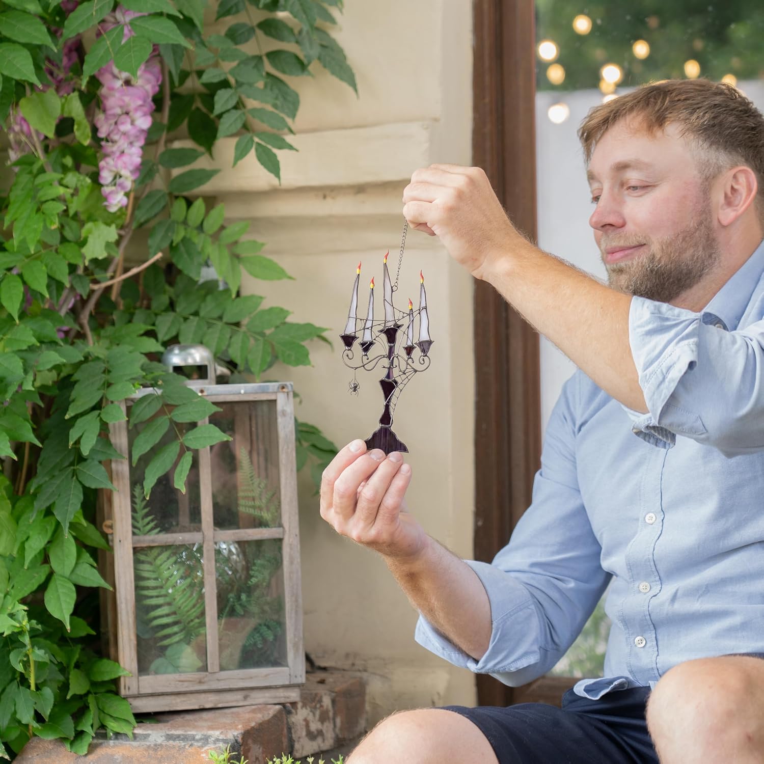 Halloween Stained Glass Window Hanging Suncatcher for Windows Panels Genuine Halloween Decor Spooky Sun Catcher Ornament Decoration Handmade Art (Candelabra)