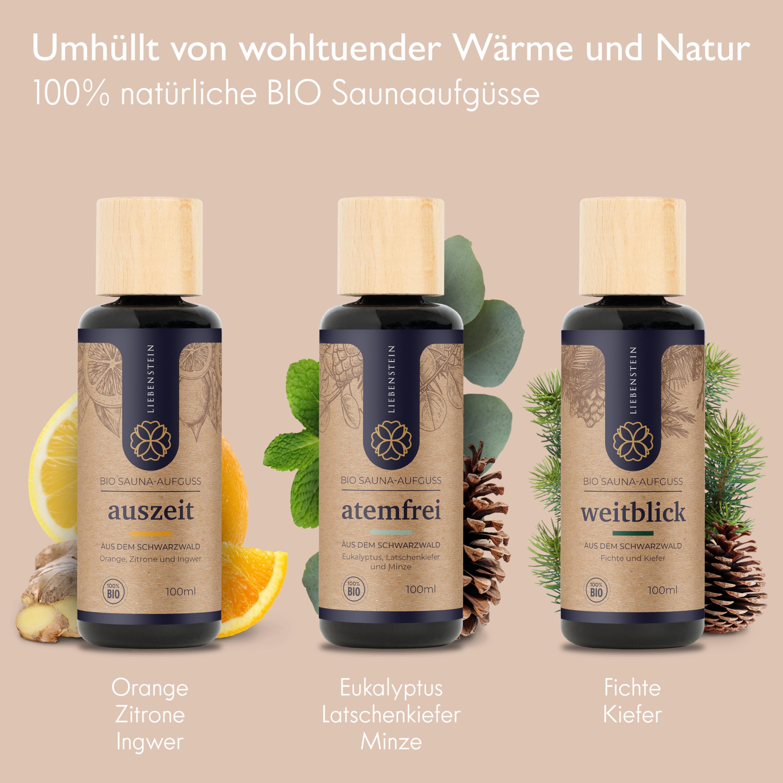 Liebenstein® Sauna Set - 4 teiliges "Komplettset" – Enthält Sauna Eimer mit Kelle [5L], Saunaaufguss Set (3 Düfte), Sauna Sanduhr und Sauna Hygrometer/Thermometer - Dein hochwertiges Sauna Zubehör Set