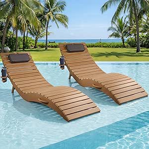 Folding Pool Lounge Chairs Set of 2, Brown