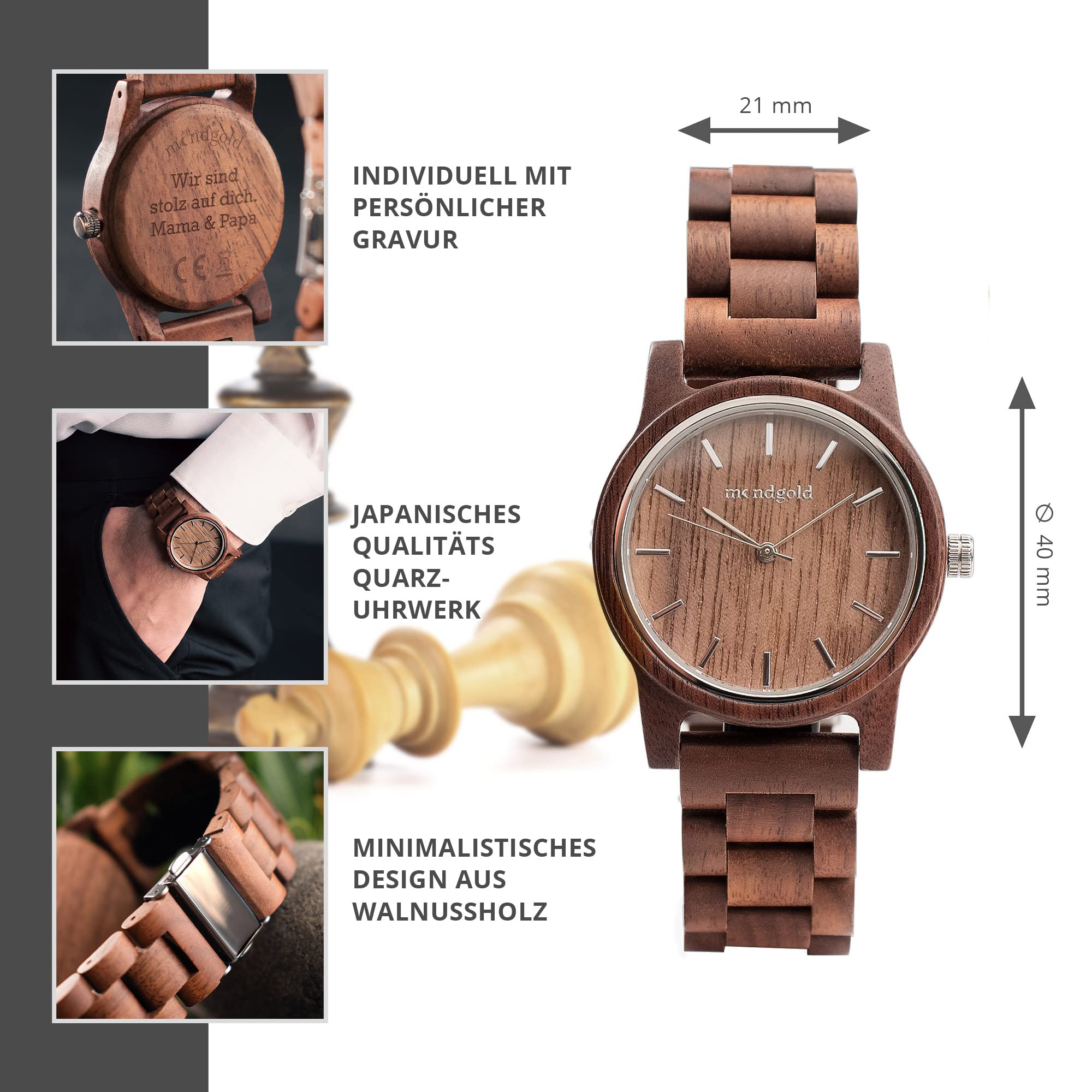 Reloj de madera analógico de cuarzo con caja de almacenamiento