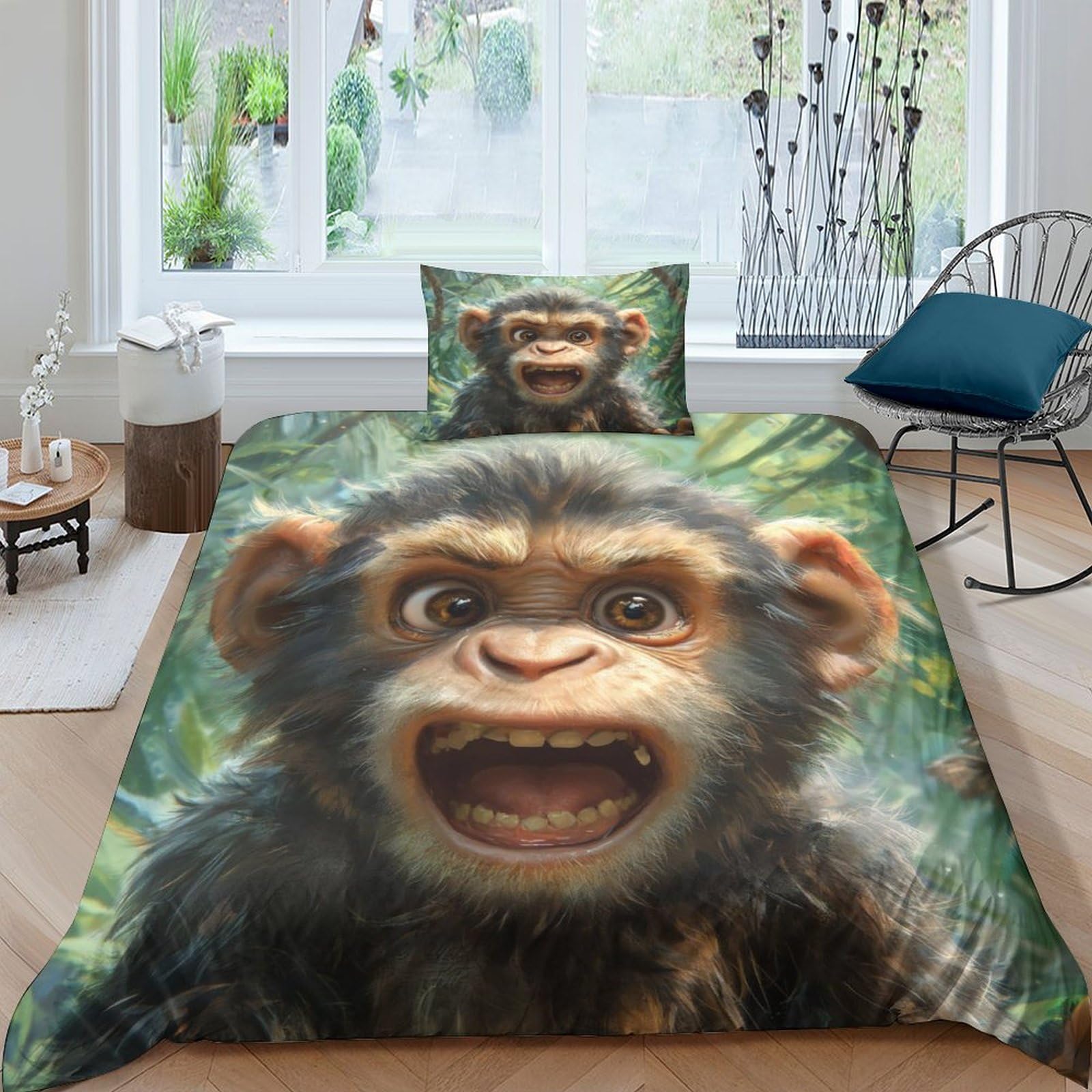 NRAOPEVVD Monkey Duvet Cover Set with Pillowcase Duvet Quilt Cover 3D Bedding Set for Kids Boys Girls Teens Microfiber Comforter Cover Hidden Zipper Single（135x200cm）