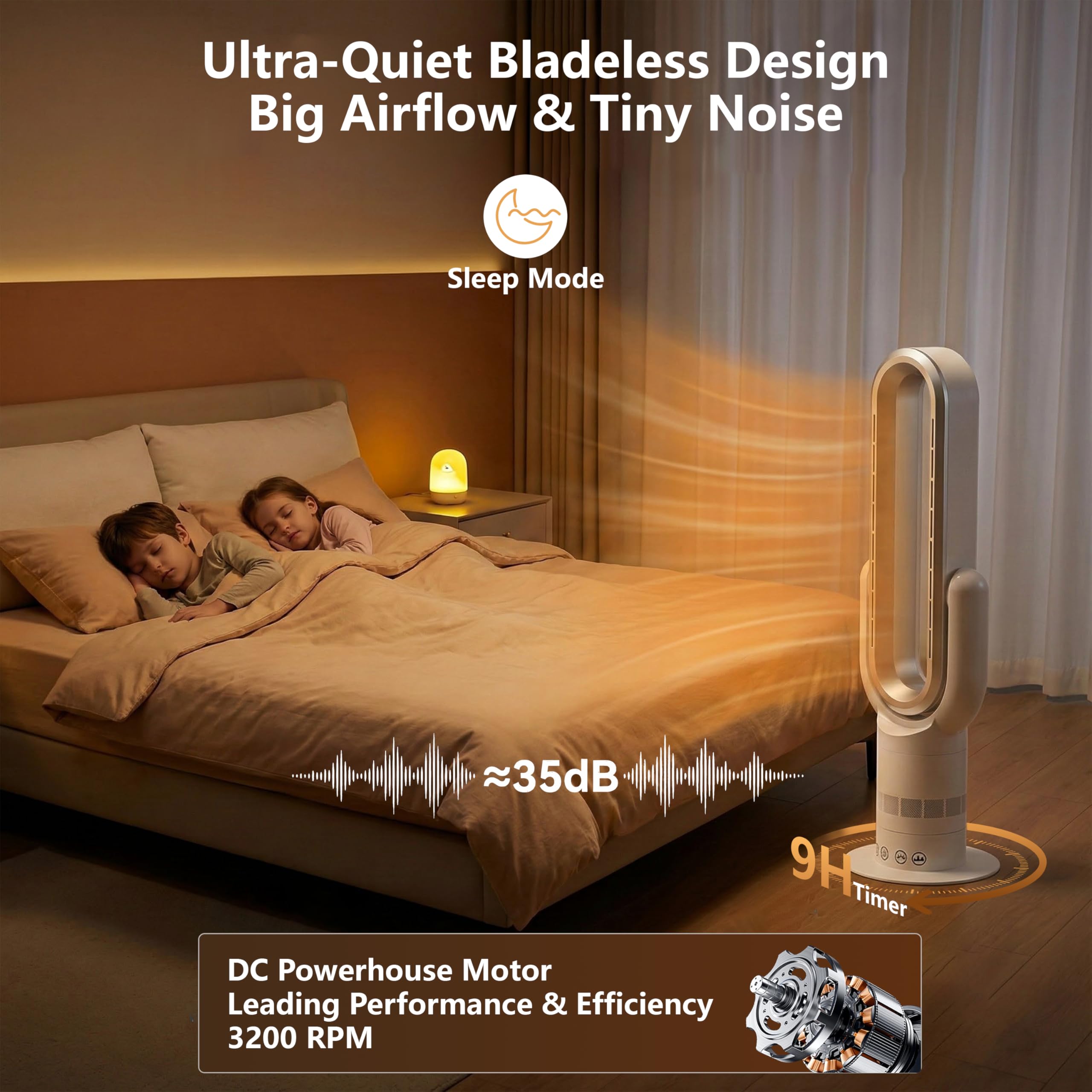 QG830 Ventilateur Tour Sans Pale, Chauffage & Refroidissement 2-en-1, Télécommande et Commande Tactile, 10 Modes Froid + 3 Chaud, Moteur DC Ultra-Silencieux