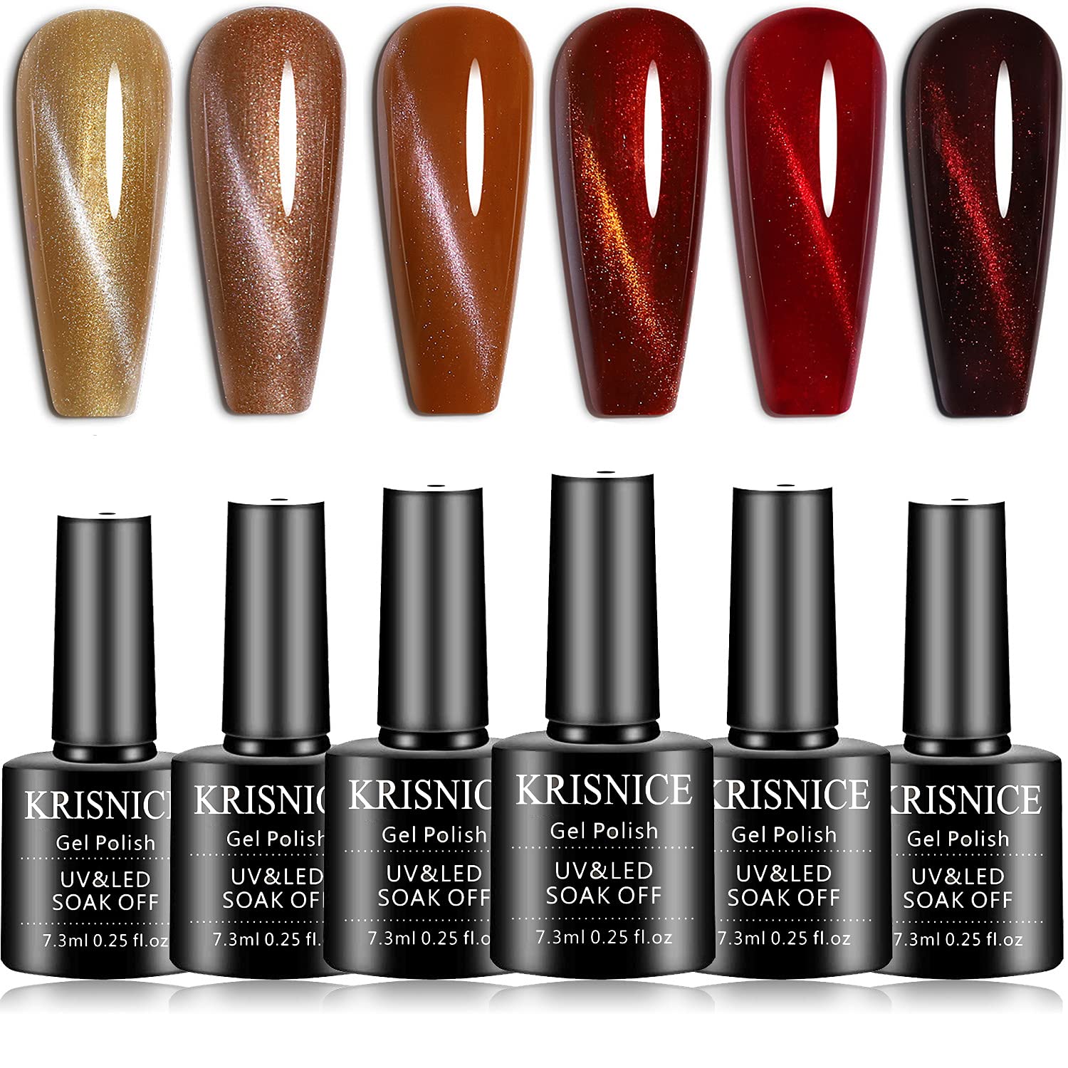 KRISNICEPro Magnetic Cat Eye Gel Polish Set - 6 Luxe Shades (Gilded Ruby, Cocoa Bronze), UV/LED Cured 3D Holographic Effect, Salon-Grade Long-Lasting Kit for Nail Artists (KMY6-004)