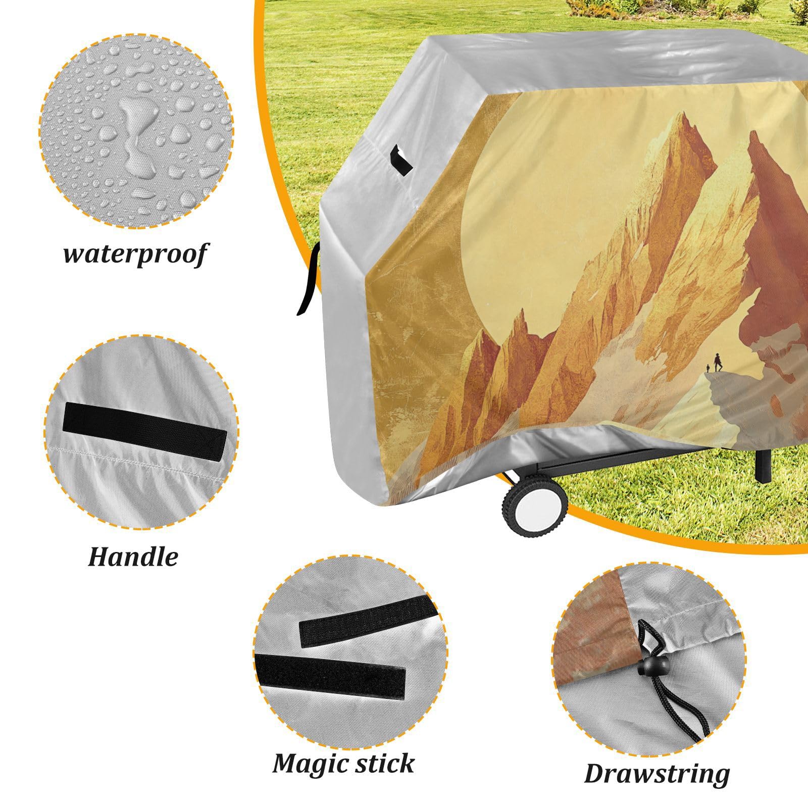 Sunshine Golden Mountain Art pokrowiec na grill gazowy, 150 cm, wodoodporne, wytrzymałe, odporne na blaknięcie i promieniowanie UV, z regulowanym sznurkiem, na kurz i wiatr