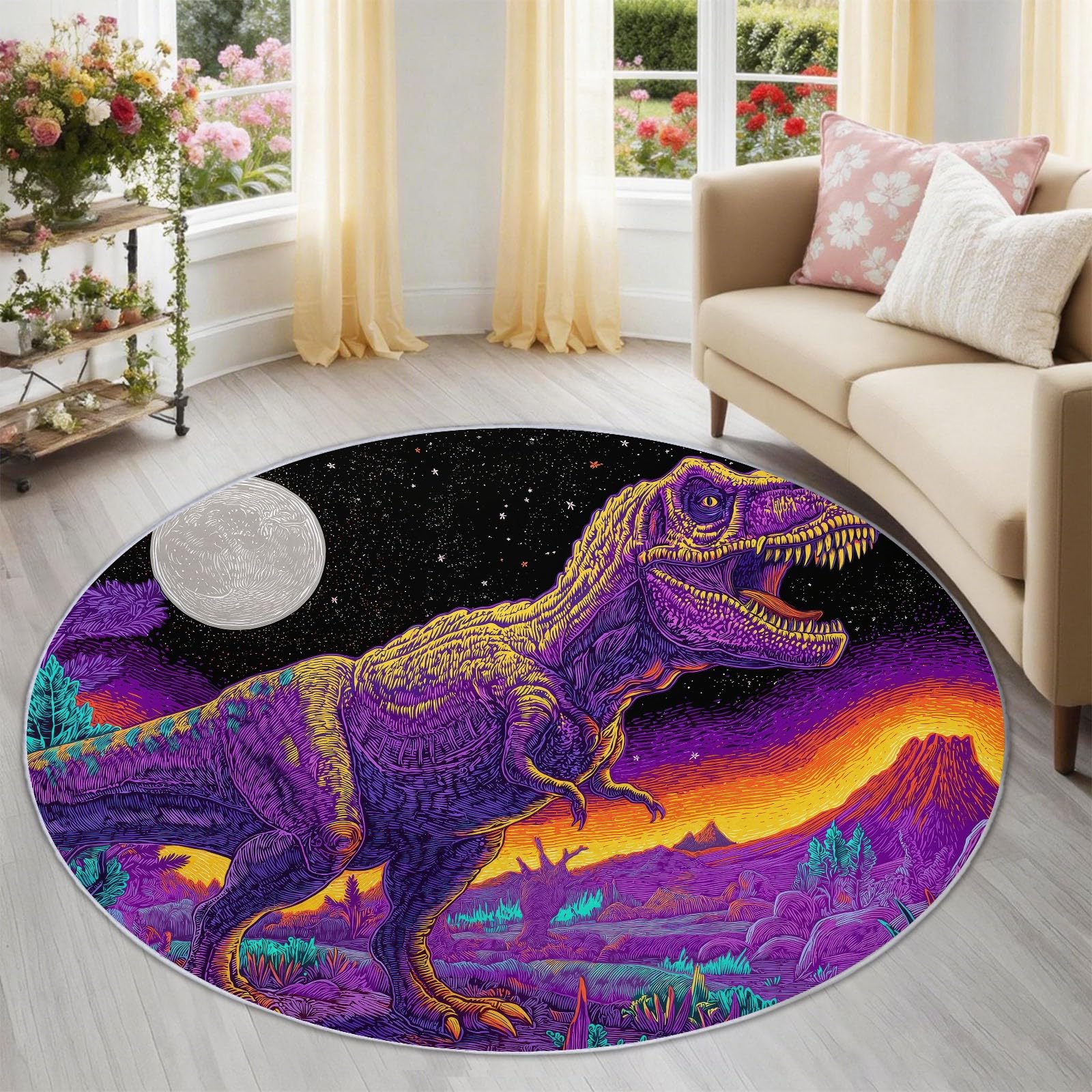 Okrągły dywan z motywem wulkanu Tyranozaurus Rex, do salonu, 200 cm, można prać w pralce, antypoślizgowy, z niskim runem, nie gubi włosia, fioletowy, do sypialni, kuchni, pokoju dziecięcego, biura