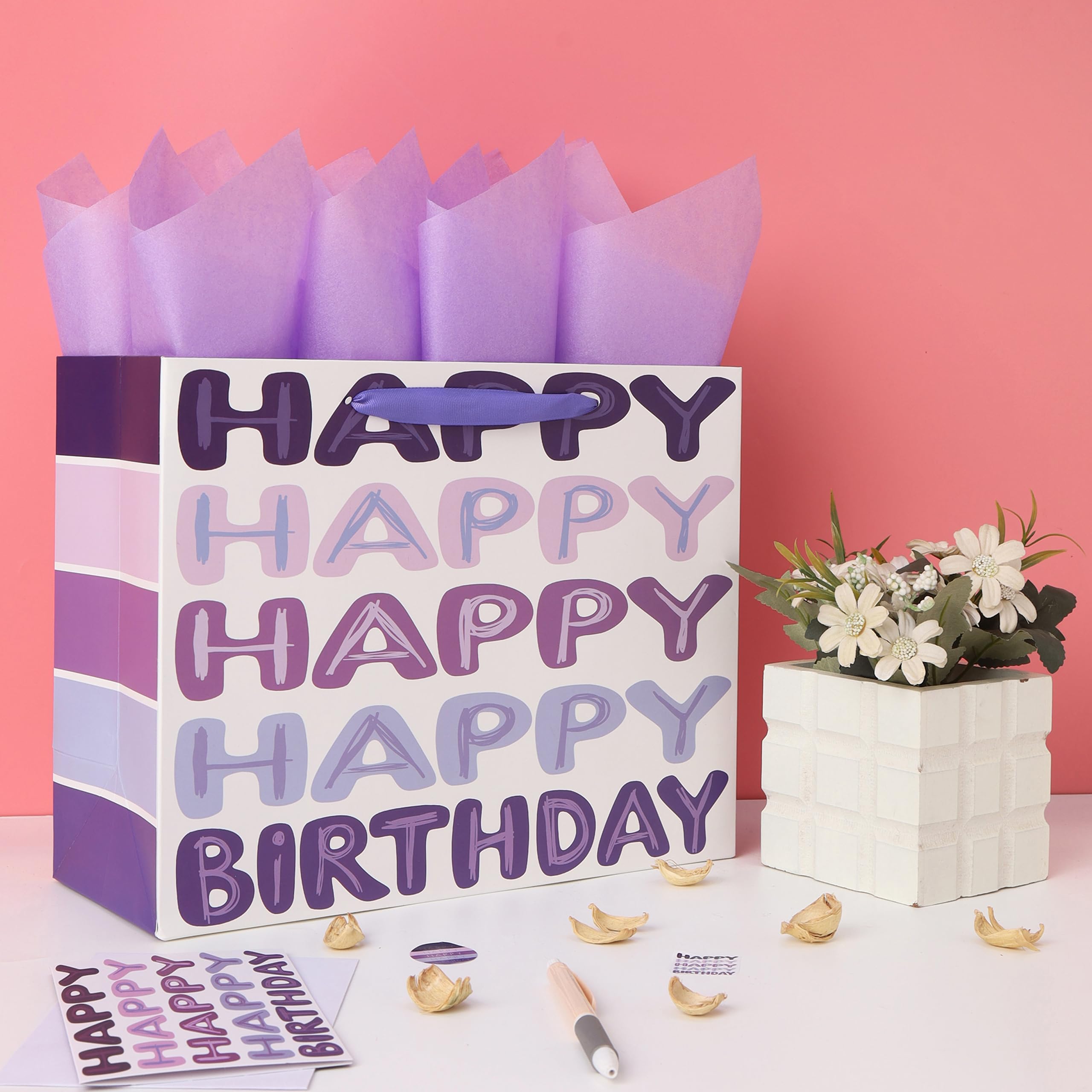 Qirrmiy 13'' Large Purple Happy Birthday Gift Bag Set with Handles, Greeting Card, Tissue Papers and Stickers for Women Girls Kids Teens, Words Design, 1 Pcs