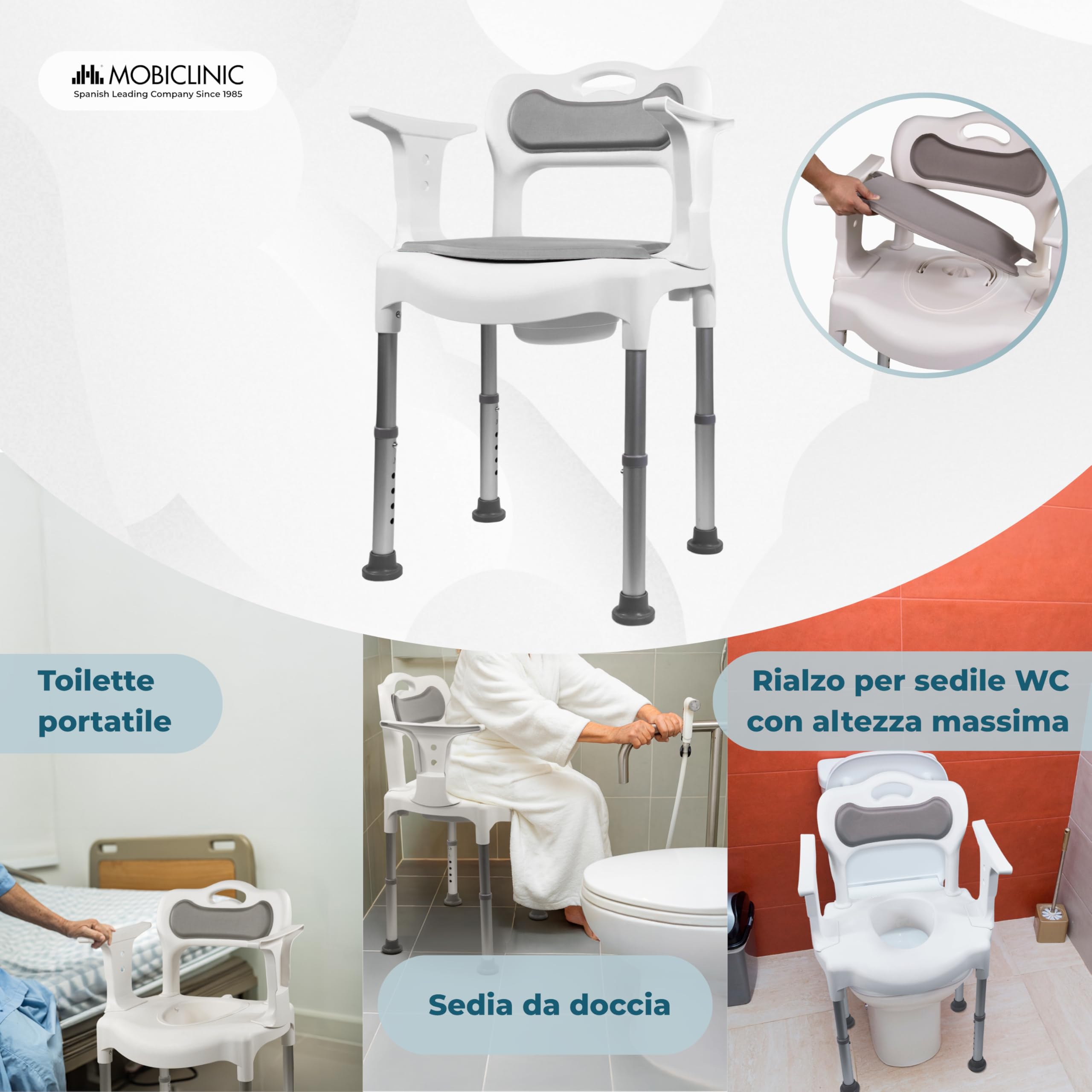Mobiclinic®, Sedia WC, Vasca e Doccia, 3 in 1, Altezza Regolabile su 6 Livelli, Orinatoio Rimovibile da 3,5 L, Cuscini per Seduta e Schienale, Multifunzione, Terminali Antiscivolo, Guido