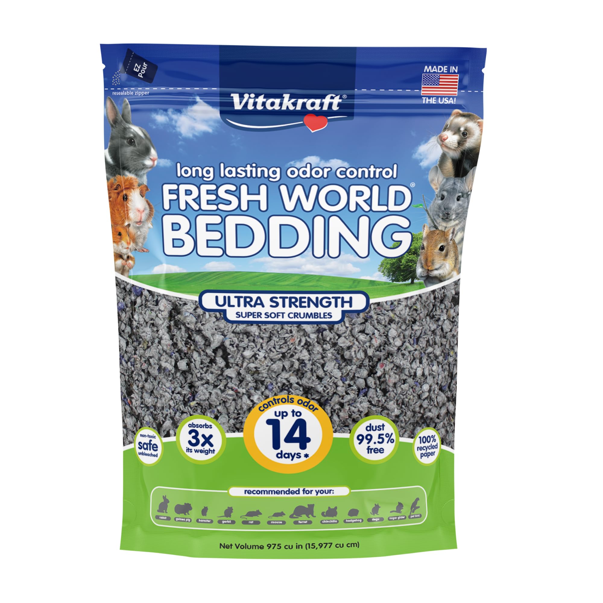 Vitakraft Fresh World Small Animal Bedding - Ultra Strength - Pet Bedding for Litter Boxes and Cages (16 L),Gray, 975 cu in