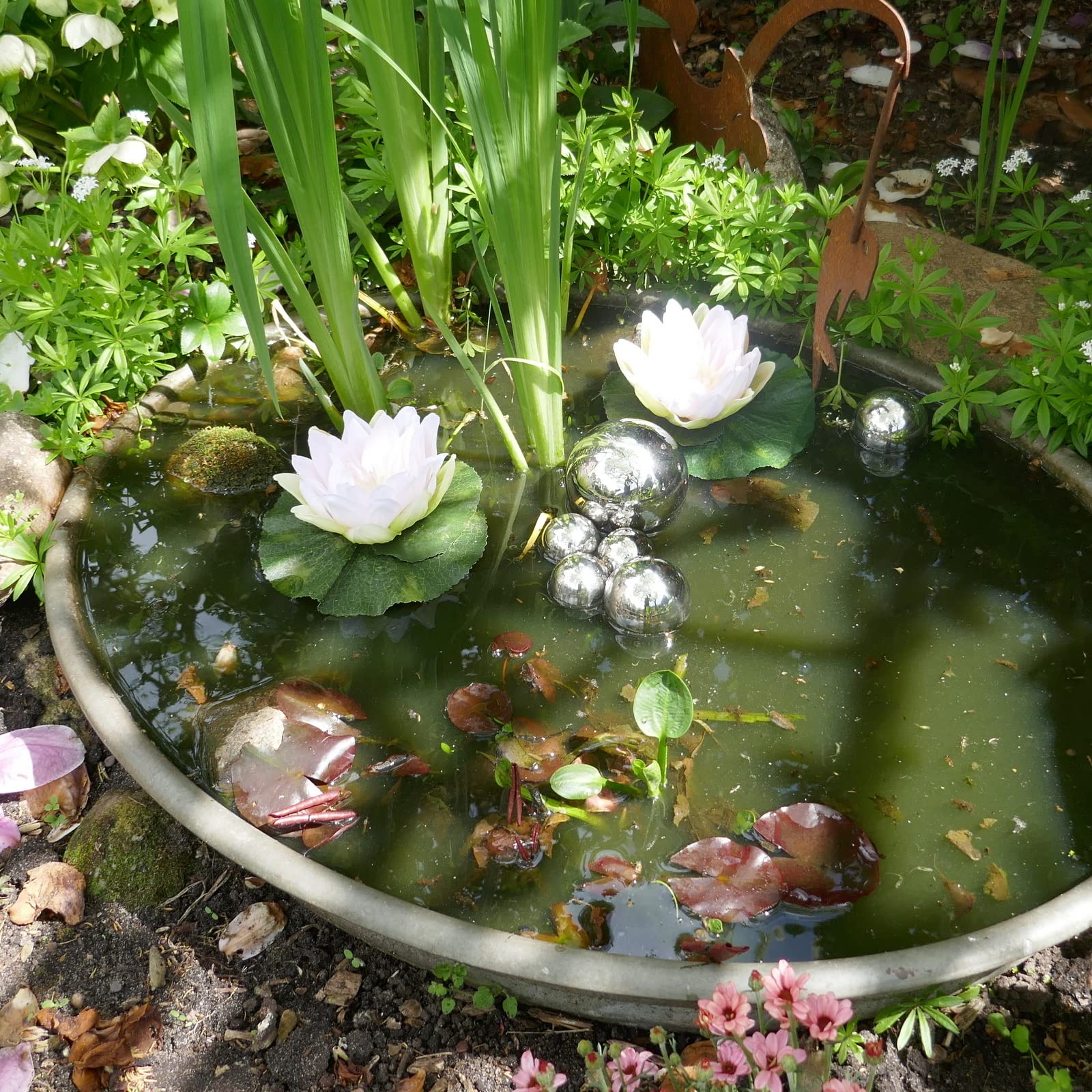 Storm's Gartenzaubereien Miniteich Komplettset mit 2 Seerosen Weiss - 6 Schwimmkugeln - Teichkugeln in Silber - Teichdeko - Miniteich - Gartendeko
