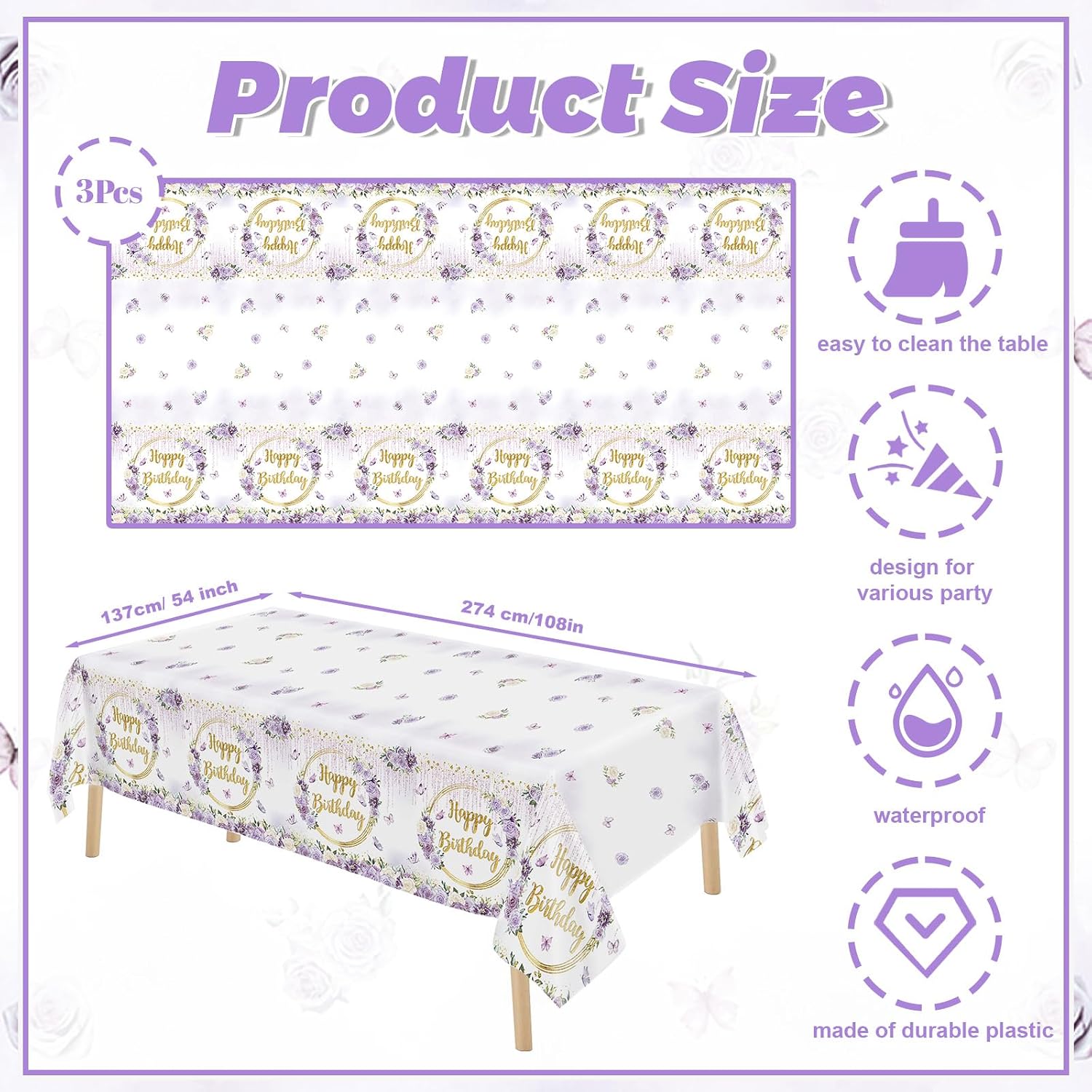 MEHOFOND 3pcs Purple Happy Birthday Tablecloths for Girls, 108x54“ Pastel Violet Floral Dripping Glitter Bday Disposable Table Cover,Spring Flowers Butterfly Plastic Table Cloth Party Decorations