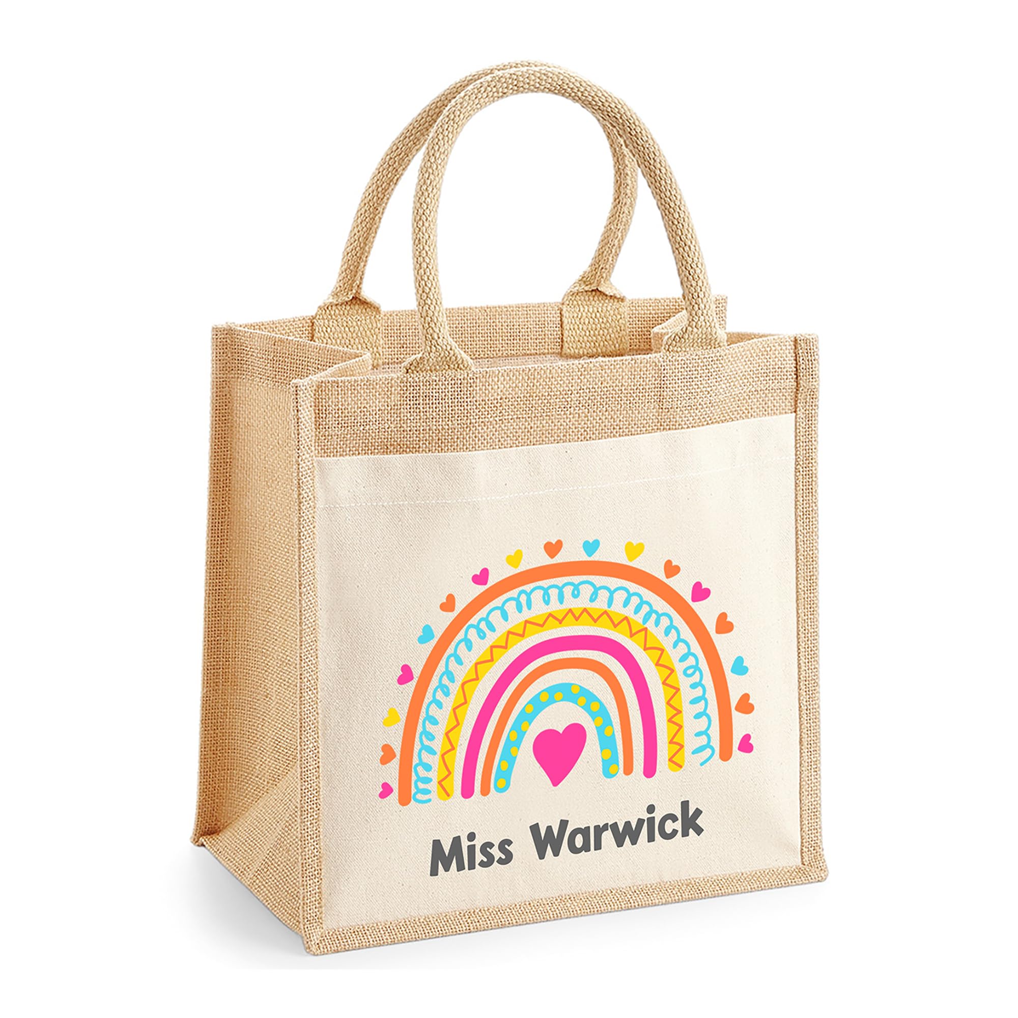 Chicken Craft Personalised Teacher Jute Tote Bag with Name Rainbow Heart Design โ image 1