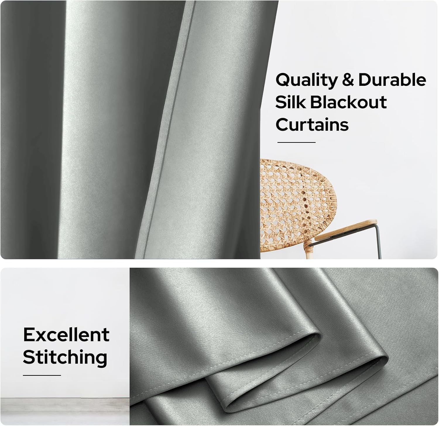 HOMEIDEAS 2 Panels Silver Grey Faux Silk Blackout Luxury Curtains, 52 X 84 Inch Room Darkening Satin Thermal Insulated Window Drapes for Bedroom Decor, Indoor