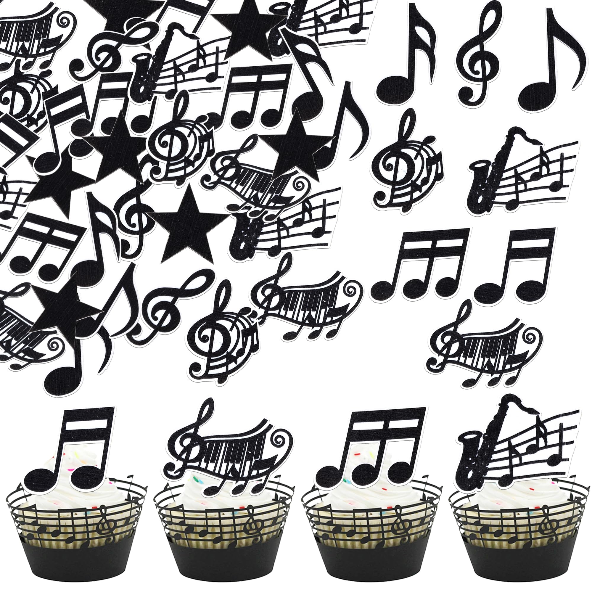 Xsstarmi 63 Pack Edible Music Notes Cupcake Toppers Black Music Theme Cake Decorations Musical Symbol Cupcake Picks Decoration for Wedding Birthday Saxophone Piano Party Decorations โ image 1