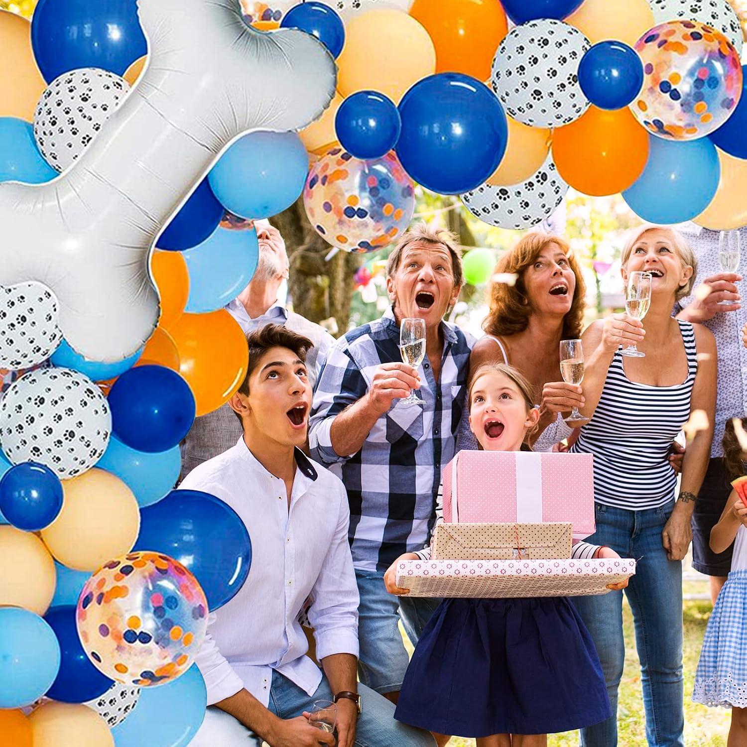 Whaline 124Pcs Blue Theme Balloon Garland Arch Kit Blue Orange Dog Paw Bone Foil Balloons with Fringe Curtains for Baby Shower Birthday Party Decorations