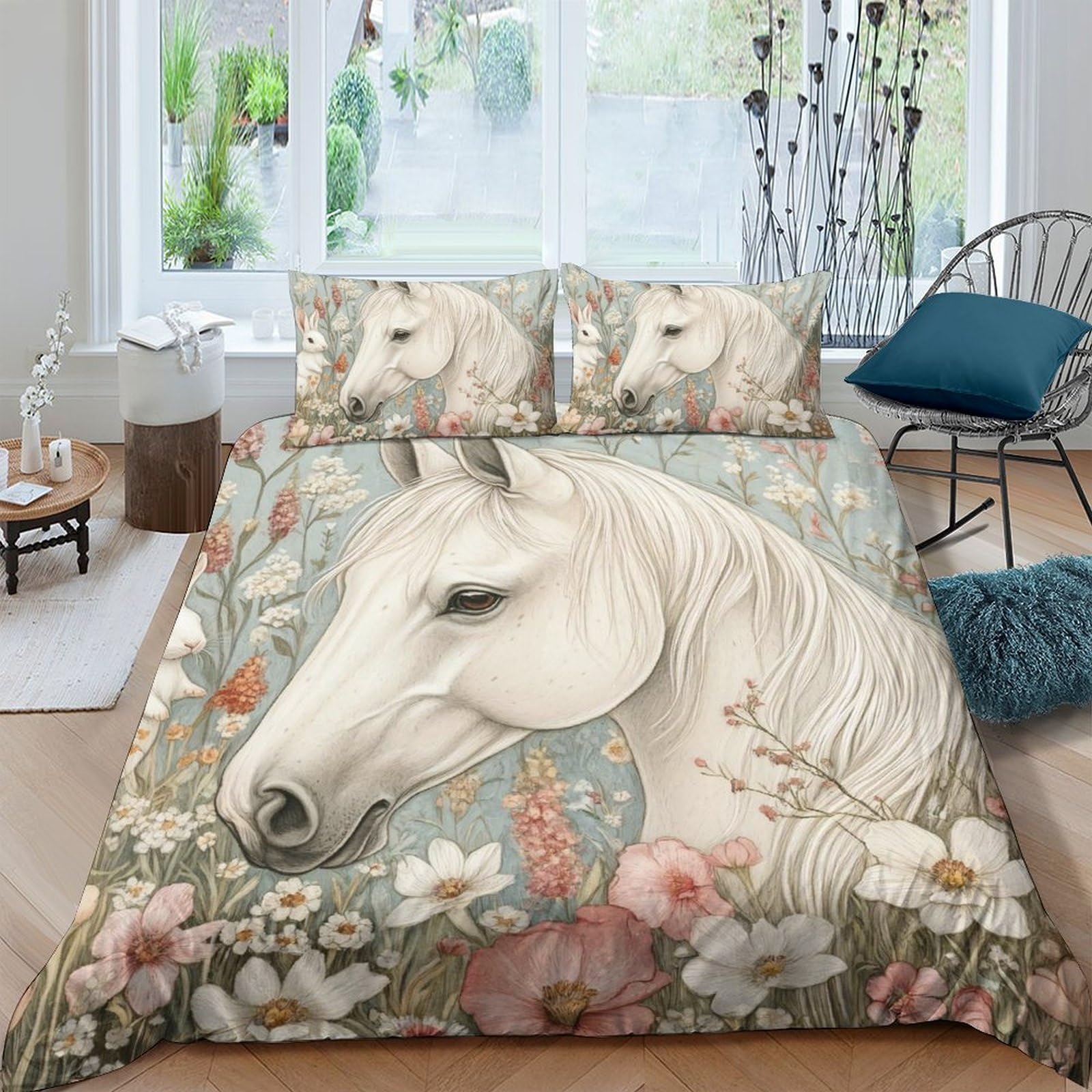 GPLZQXKJNH 3D Printed White Horse Duvet Cover Microfiber Soft Breathable Floral Meadow Bedding Set with 2 Pillowcases for Bedroom Decor Single（135x200cm）