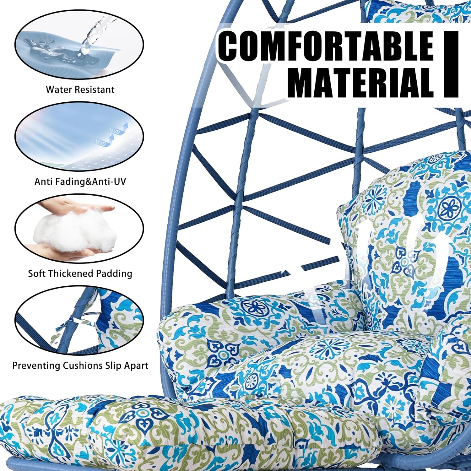 Hanging Egg Chair with Stand & Leg Rest,Rattan Wicker Swing Chair with Cushion,Patio Basket Hanging Chair Wicker Hammock Chair for Indoor Outdoor Bedroom Garden,300LBS (Blue Rattan&Floral Cushion)