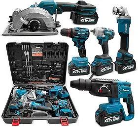 Brushless Parafusadeira Furadeira, Chave de impacto, Martelete de impacto, Esmerilhadeira e Serra Circular, Profissional Kit de Ferramentas Sem Brushless 5 em 1 com 3 Baterias 21V