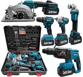 Brushless Parafusadeira Furadeira, Chave de impacto, Martelete de impacto, Esmerilhadeira e Serra Circular, Profissional Kit de Ferramentas Sem Brushless 5 em 1 com 3 Baterias 21V