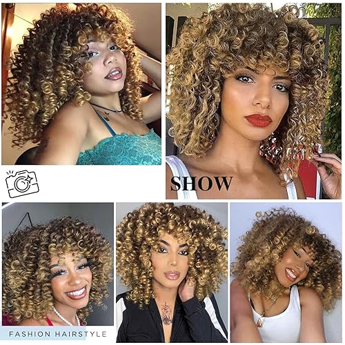 Miniatura 7 de Peluca rizada afro con flequillo, peluca corta rizada para mujer, rubio degradado, pelucas rizadas sintéticas hasta el hombro, peluca afro sin