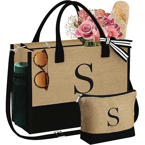 YOOLIFE Gifts for Women - Initial Jute Tote Bag & Makeup Bag with Zipper Pockets Adjustable Strap, Birthday Gifts for Women