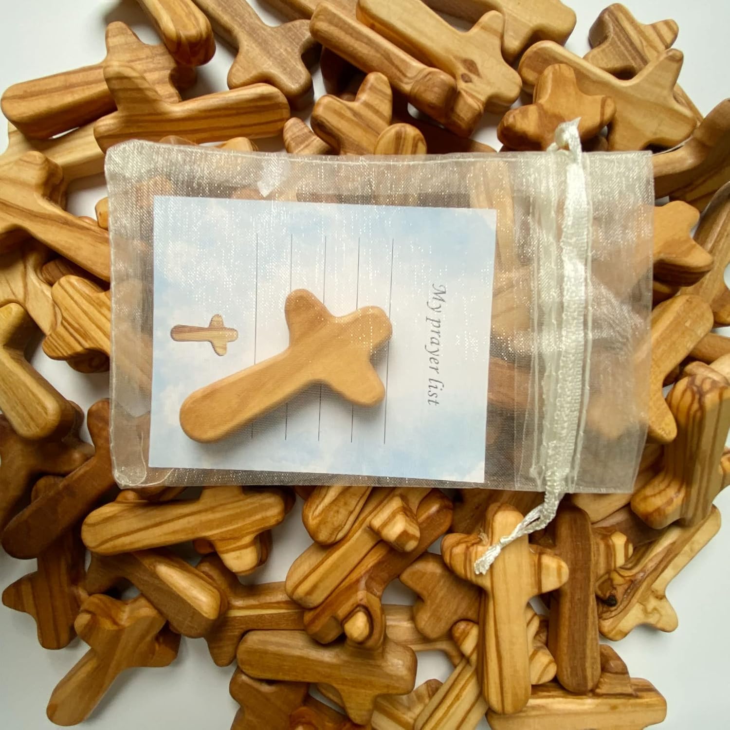 Kintyno 50 Pieces Small Olive Wood Crosses, Holding Crosses, 2.56in Portable Prayer Crosses with Certificate and Pocket