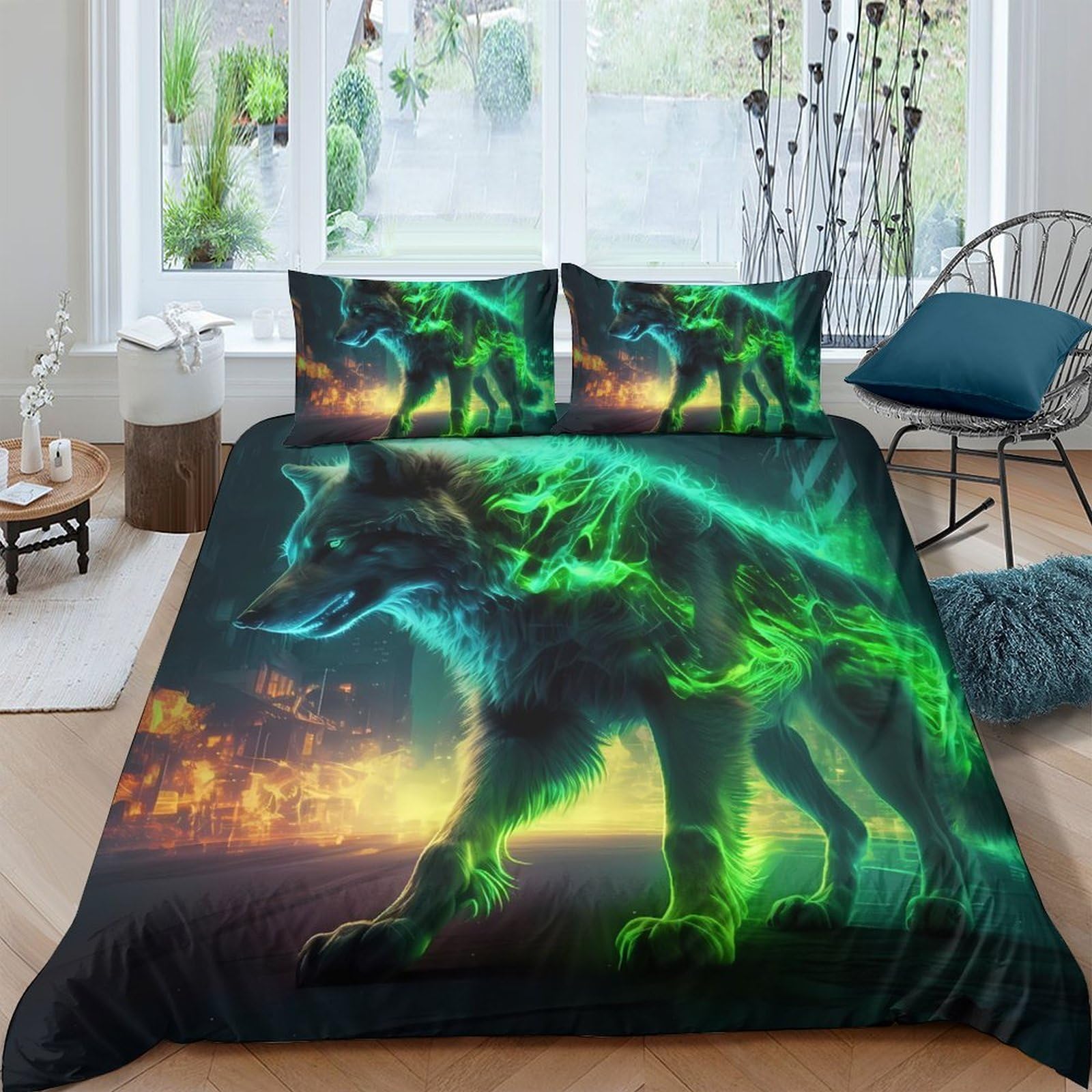 Ctjqhvkz Style-9 3D Printed Aurora Wolf Fitted Sheet Microfiber Soft Breathable Forest Night Mattress Cover For Bedroom Dorm Protection Decor Single（135X200cm）