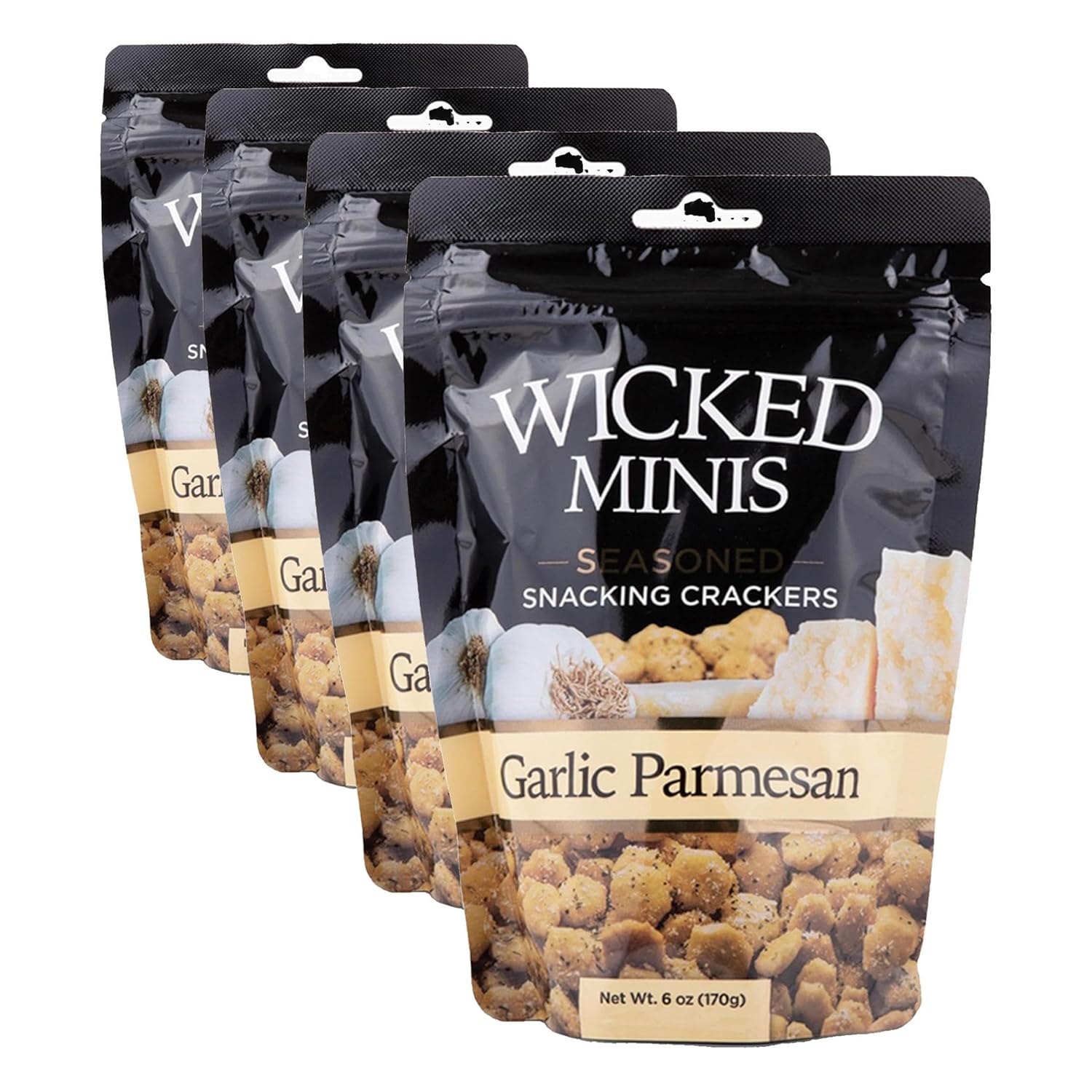 Wicked Minis Soup & Oyster Crackers - Saltine Crackers Salted Flavored Mini Puffed Soup, Savory Snacking Mix, Seasoned Croutons Salad Toppers, Crackers for Chili 6oz (Garlic Parmesan) (Pack of 4)