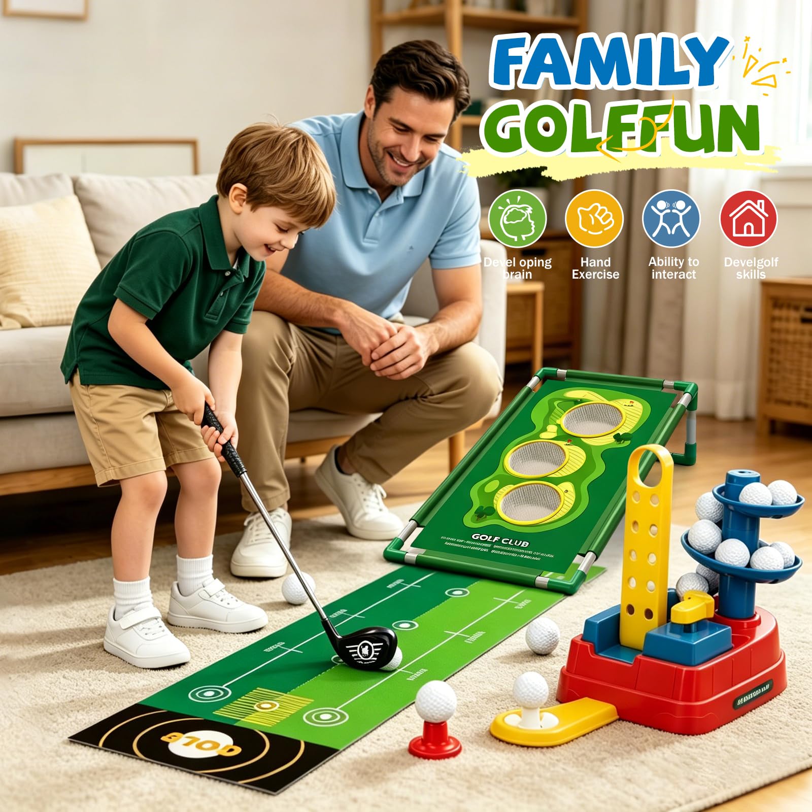 YESHIN Golf Spielset für Zuhause mit Fußpedal-Ballwerfer & Putting-Matte