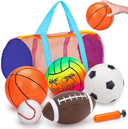 Paquete de 5 pelotas deportivas para niños con bolsa de pelotas para niños pequeños de 1 a 3 años, fútbol, baloncesto, béisbol, voleibol, juguetes