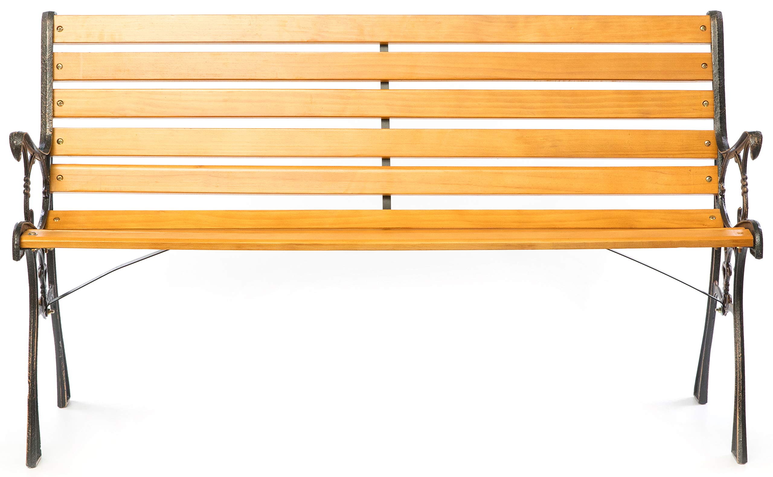 Banco de madera para exteriores con reposabrazos y patas de acero diseñadas, color negro 7