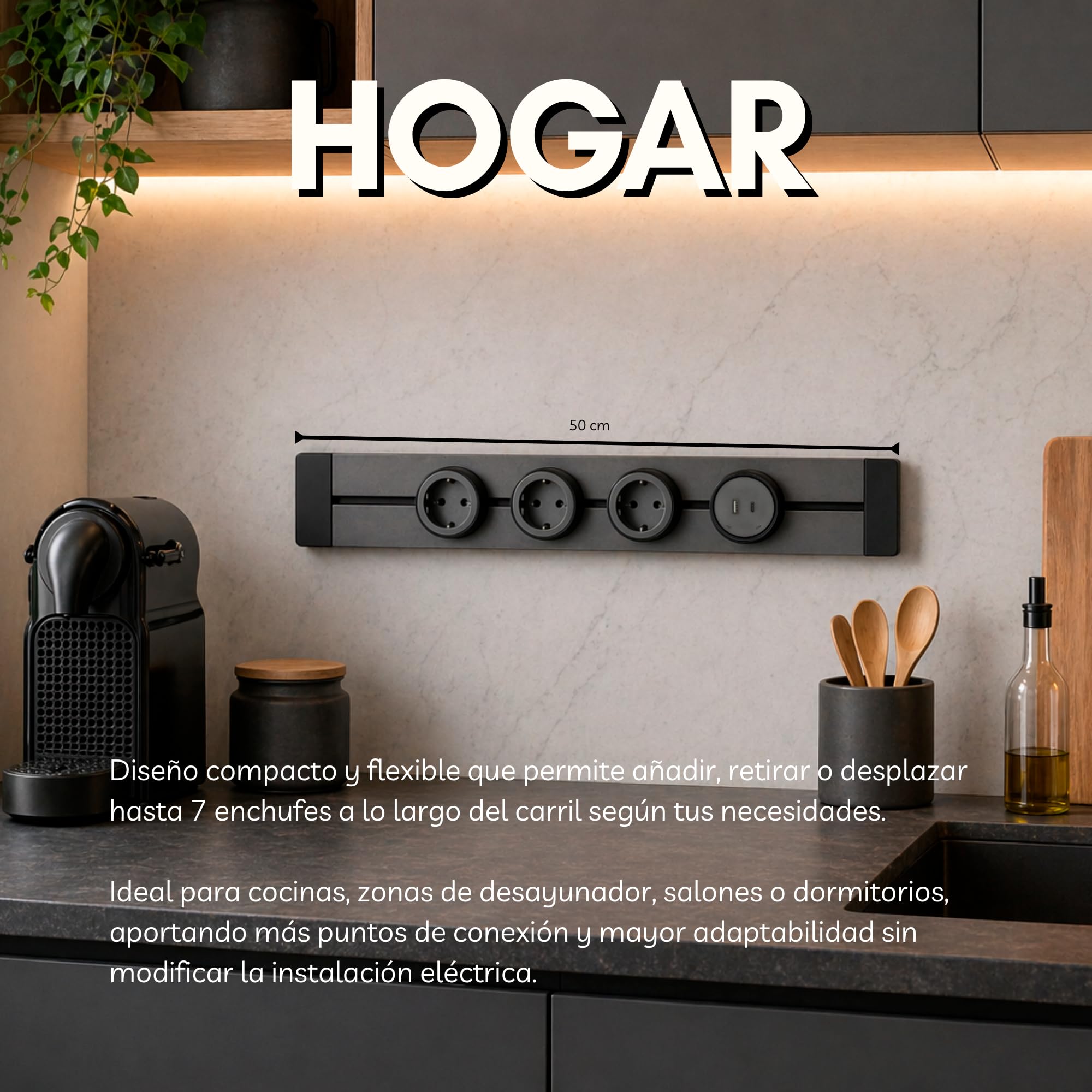 Carril de Enchufes Deslizantes 50 cm, Regleta Modular en Aluminio, Compatible con hasta 7 Tomas, Ideal para Hogar y Oficina