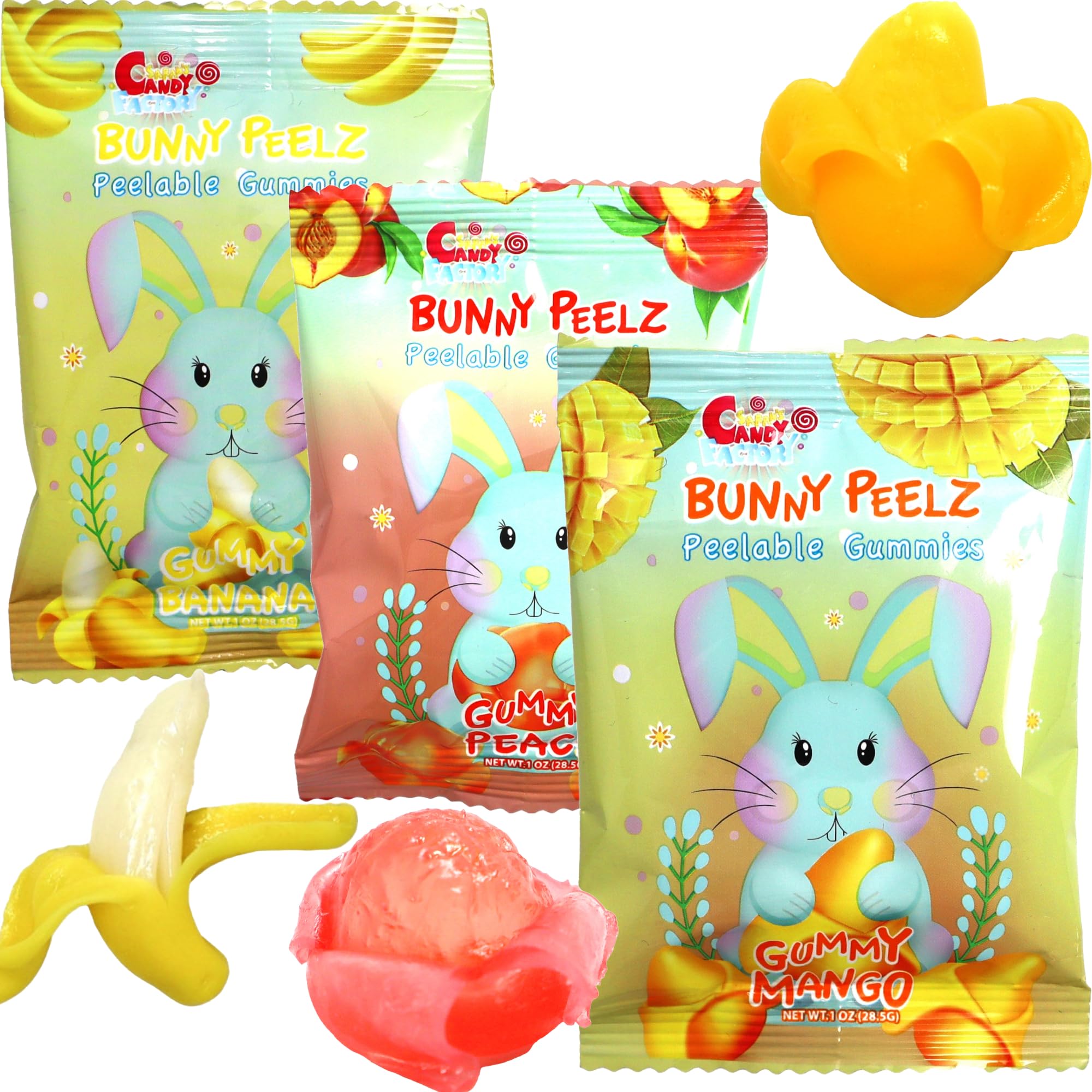 Sarah's Candy Factory 3 Variety Peelable Gummy Candy, Mango, Peach, and Banana Flavors 1 Oz (18 Pack) Single Serve Snack Packs, Peelable Fun in Every
