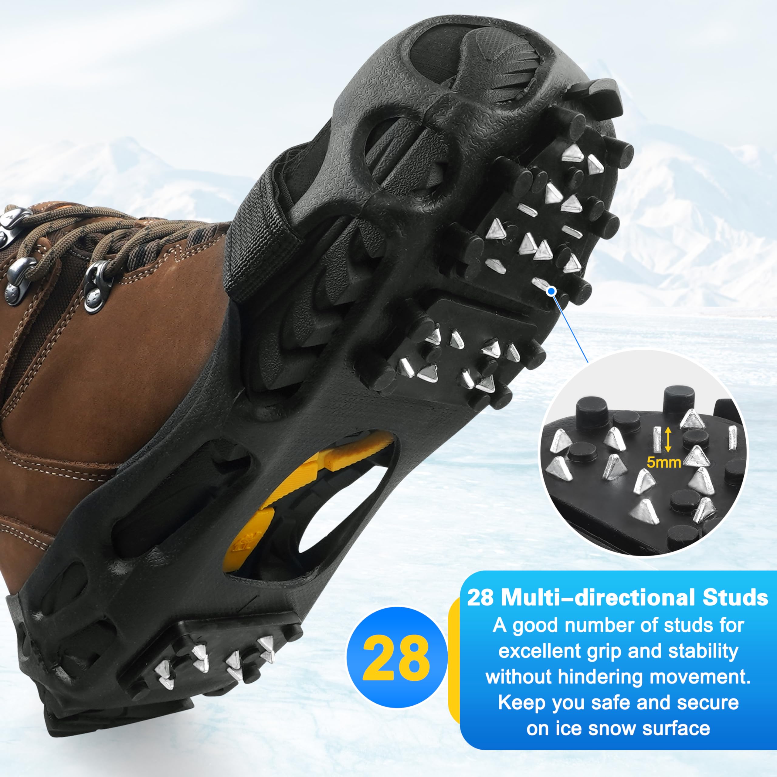 Tacchetti da ghiaccio per scarpe e stivali, antiscivolo, 28 tacchetti da neve, ramponi per donne e uomini, tacchetti da ghiaccio e neve con cinghie regolabili, per escursioni invernali, passeggiate