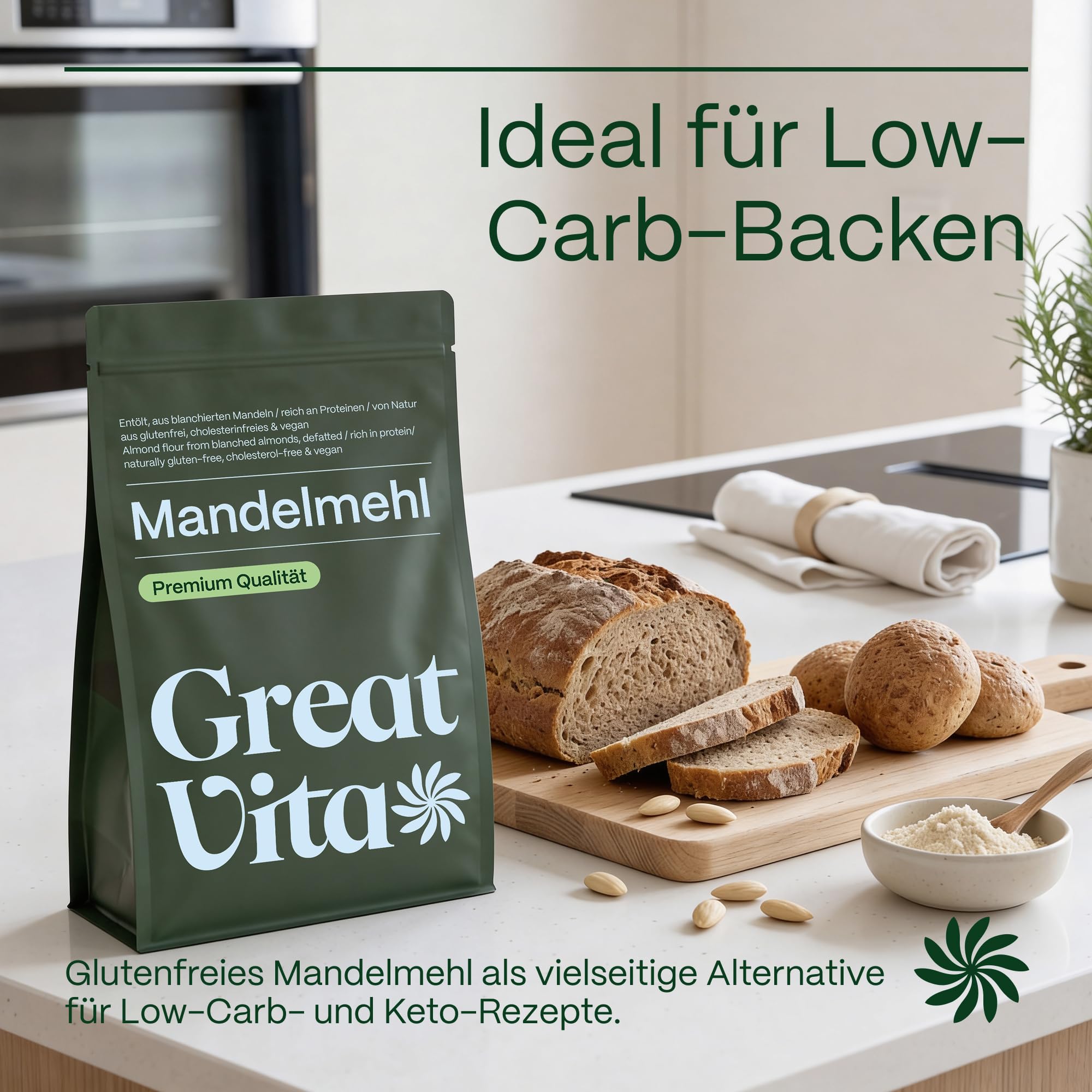 GREAT VITA Mandelmehl Blanchiert 1kg - Fein Gemahlene Mandeln, Nicht Entölt - Glutenfreies Low Carb Mehl zum Backen, Panieren & für Macarons | Vegan, Proteinreich, Naturbelassen