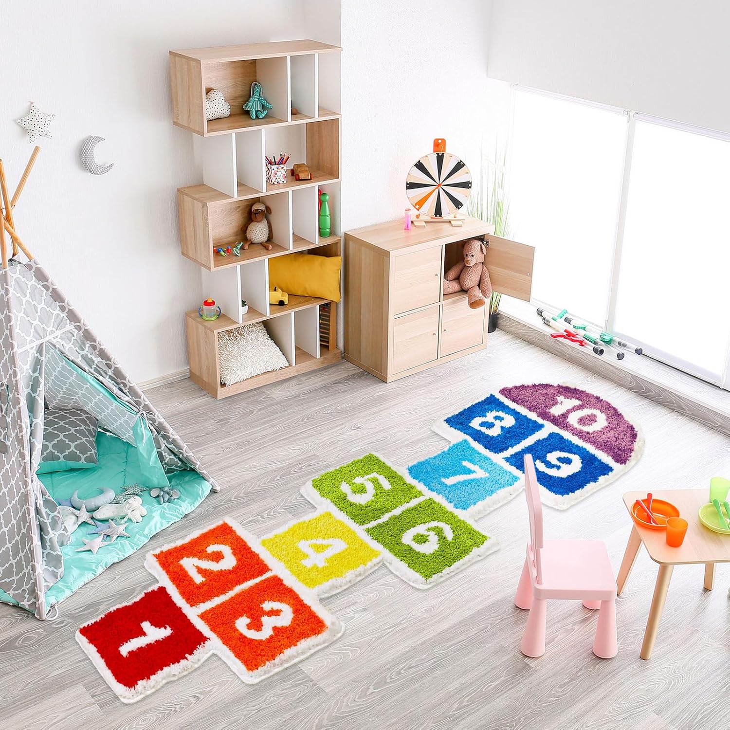 Whaline Hop and Count Hopscotch Game Rug Tufted Bath Mat Colorful Number Educational Non-Slip Washable Floor Mat for Kids Room Playroom Classroom Nursery Kindergarten Decor