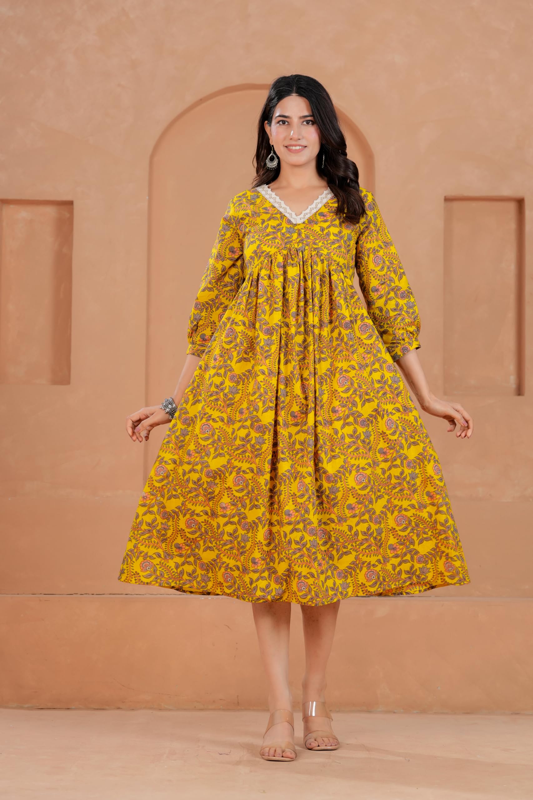 Women Cotton Anarkali Floral Printed Maternity Kurta Feeding Comfortable Kurta Zipper & Dress for Pregnant Women's Printed Feeding Dress for Women's.M Yellow-image-20