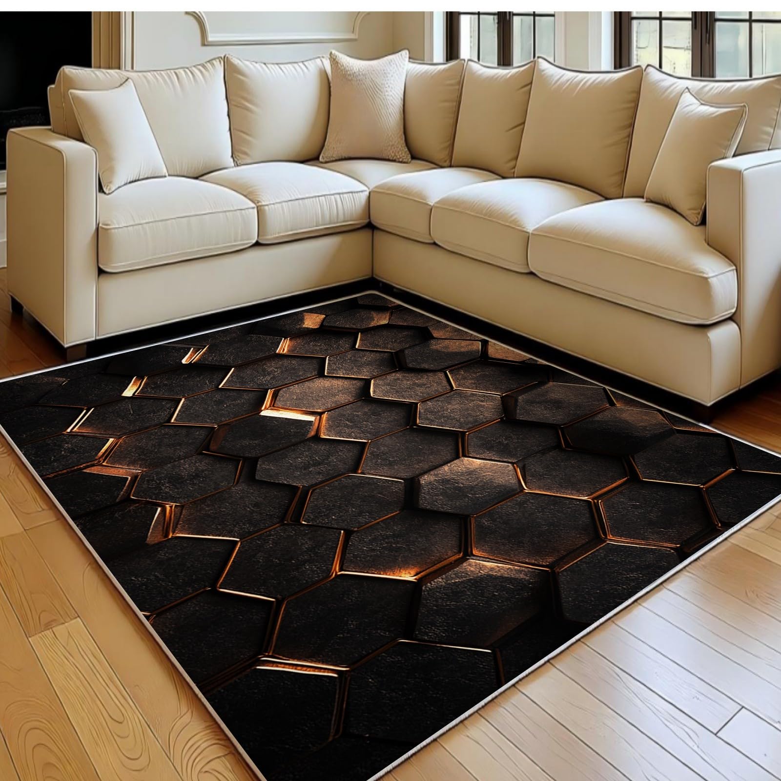 Tapis salon motif hexagonal abstrait lavable 60x90 cm avec touches métalliques