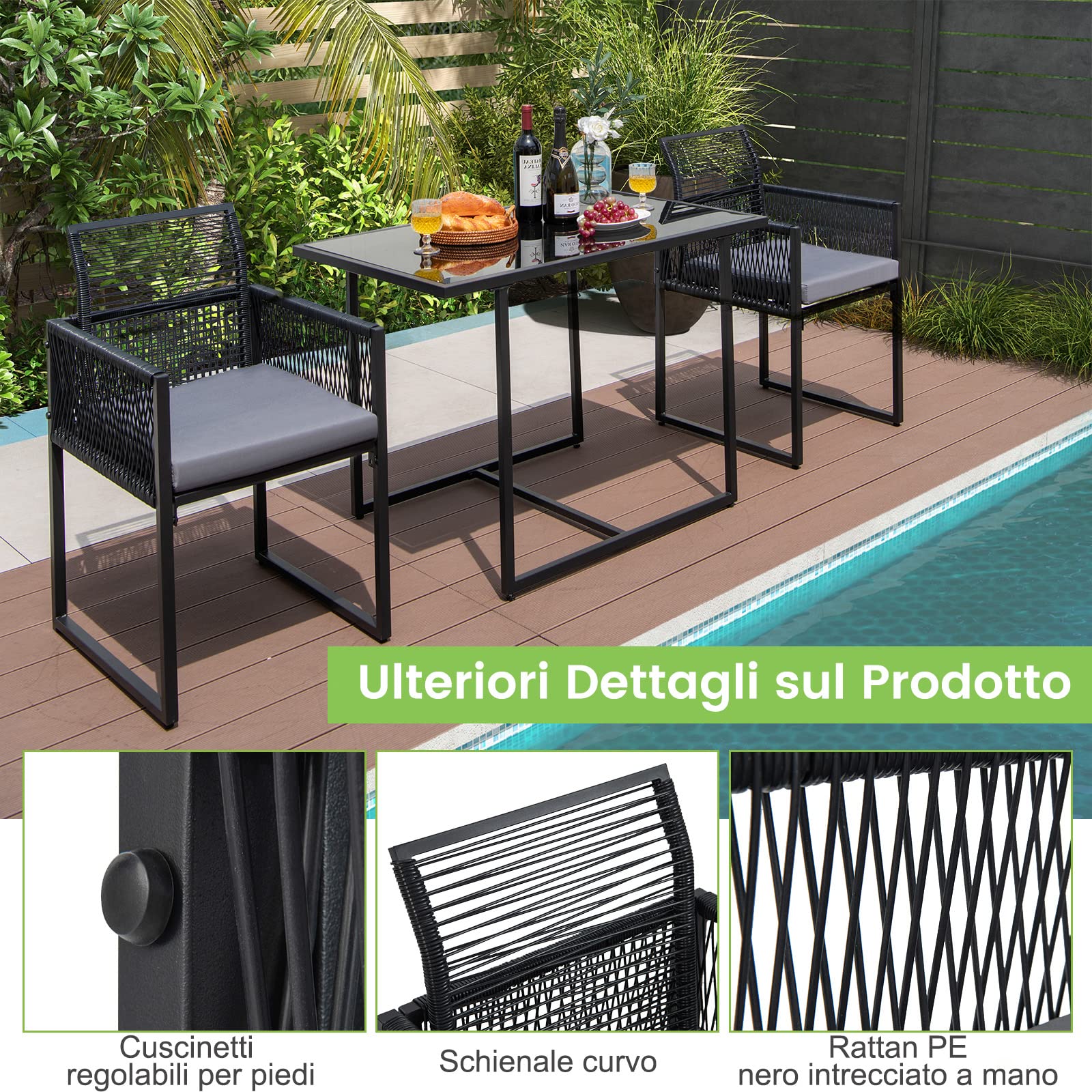 COSTWAY Set di 3 Pezzi Pranzo da Giardino, Tavolo e Sedie in Rattan PE con Vetro Temperato
