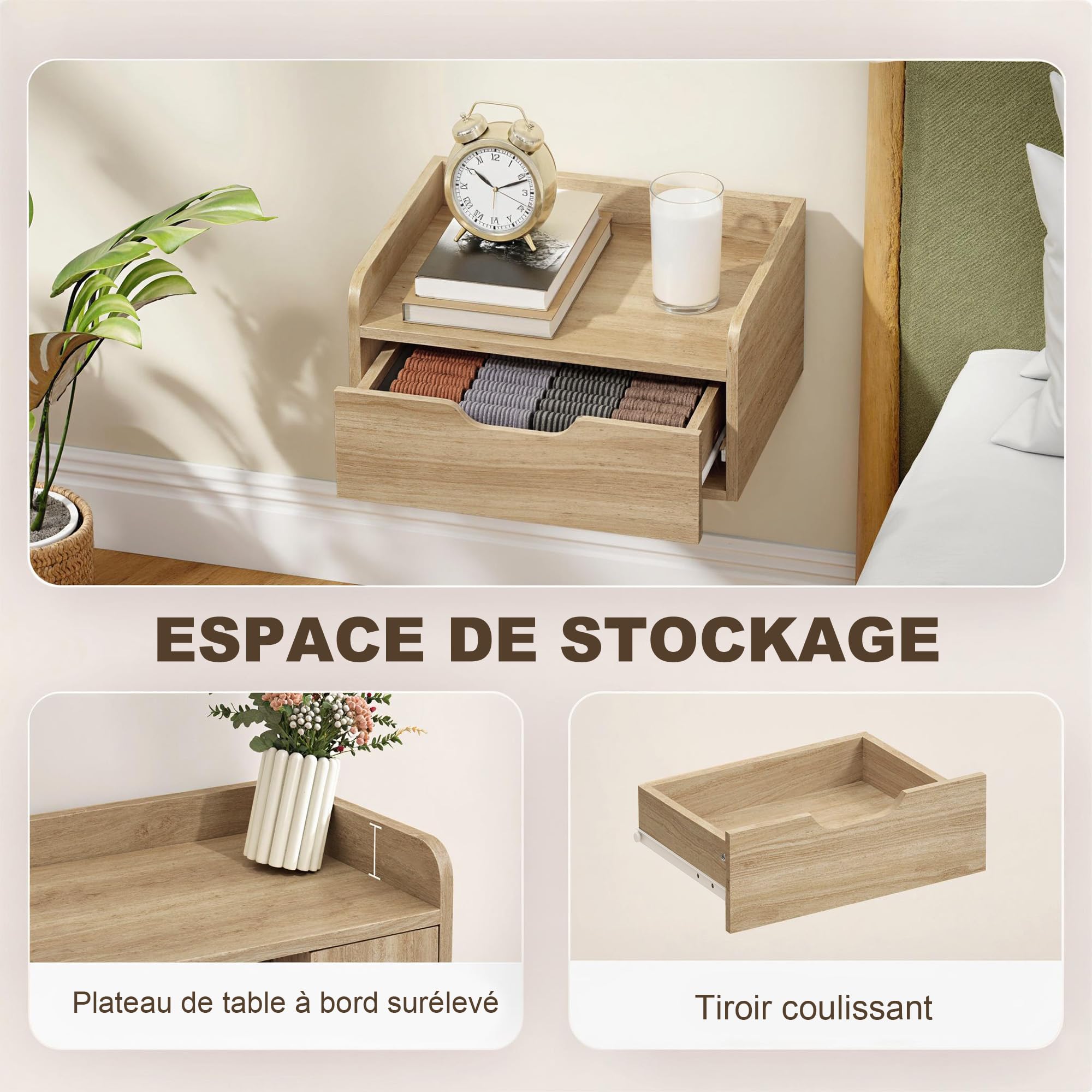 HOMCOM Set di 2 comodini da parete, comodini sospesi con cassetto e piano rialzato, stile moderno, per camera da letto, soggiorno, 40 x 30 x 19,5 cm, legno naturale